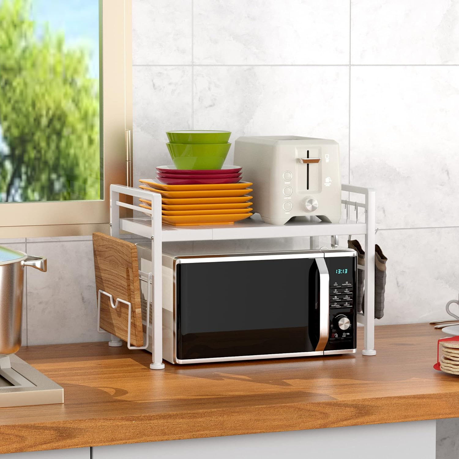 YIUKEA Extendable Microwave Oven Rack - Adjustable Kitchen Counter Shelf, 2 Tier Microwave Stand (L15.7~23.6" Xw12.8 Xh17.7) with 6 Hooks for Kitchen Countertop Organizer (White) - Black With Spice Rack image number 6