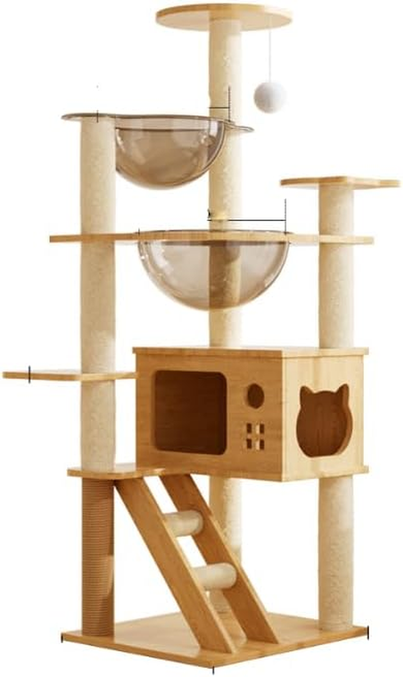 VIC Wooden Cat Tree, 150Cm/130Cm/120Cm Cat Furniture with Scratching Posts, Modern Cat Tower with Hammocks, Toys, Cat Condo Modern Environmental-Friendly Woodcraft Style (1.3M) image number 2