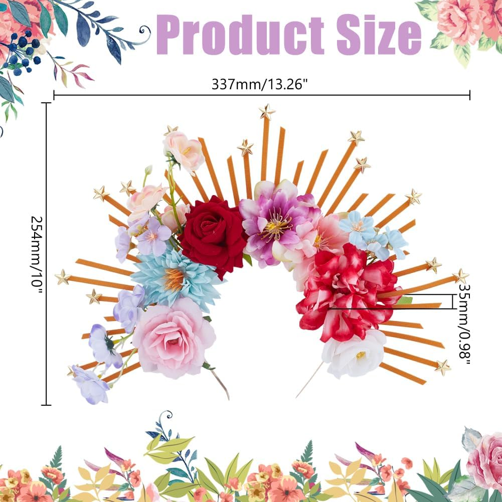 HOBBIESAY 1Pc Renfaire Flower Halo Crown Handmade Fantasy Flower Headpiece with Star Colorful Flowers Fairy Headband Hair Accessories for Women Party Cosplay Festival Wear DIY Craft image number 4
