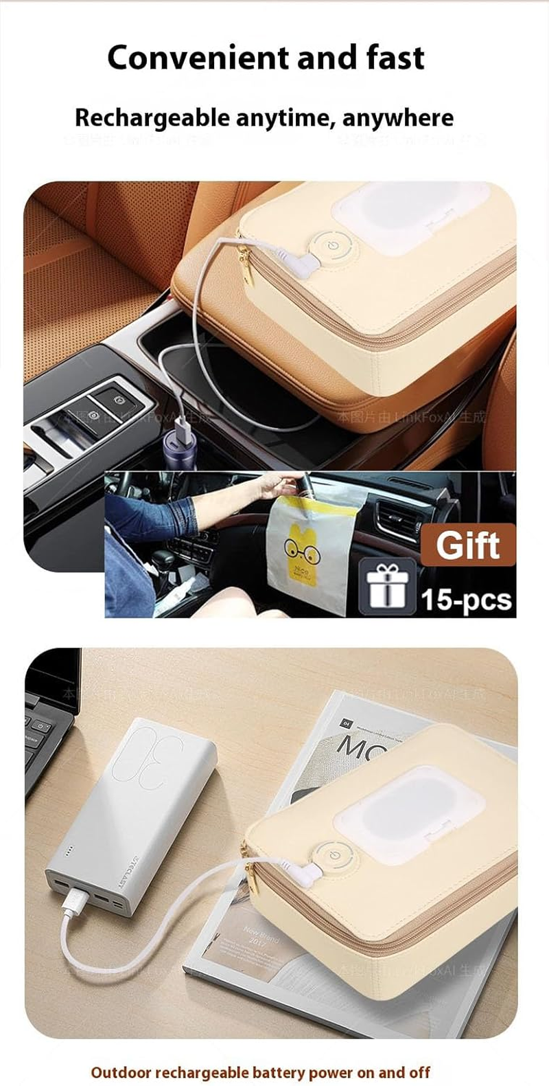 ◉ Baby Wipe Warmer, Large Capacity Wipes Dispenser with 3 Temperature Modes | Fast & Even Heating | USB Powered | Newborn Essentials for Home Car Travel with 15-Pcs Car Trash Bag