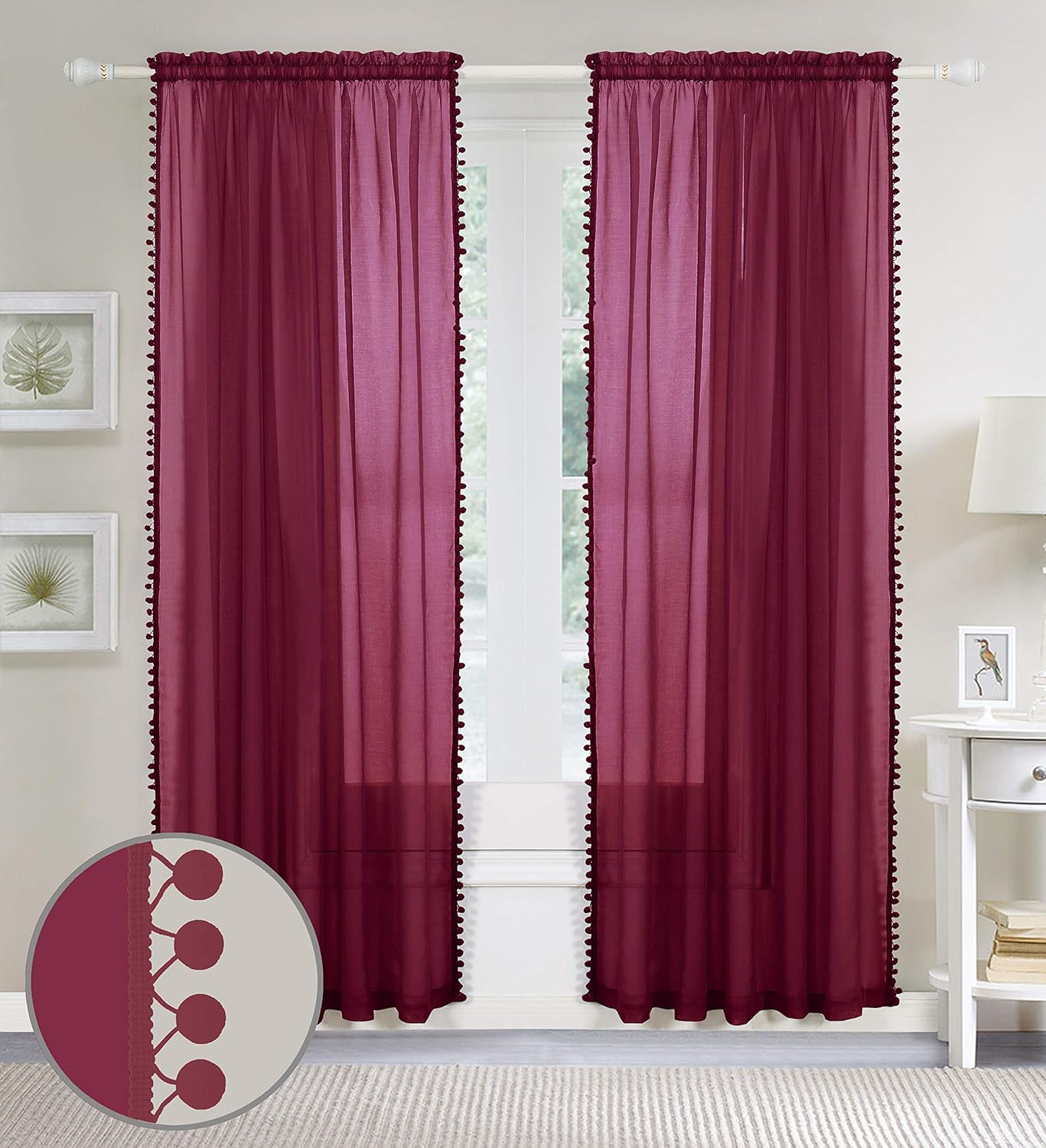 Elegant Comfort Semi-Sheer Pom Pom Tassels Curtains - 2 Panels Set - with 2Inch Rod Pocket - Solid Sheer Curtain Drapes for Living Room, Bedroom, W60 X L84, Burgundy