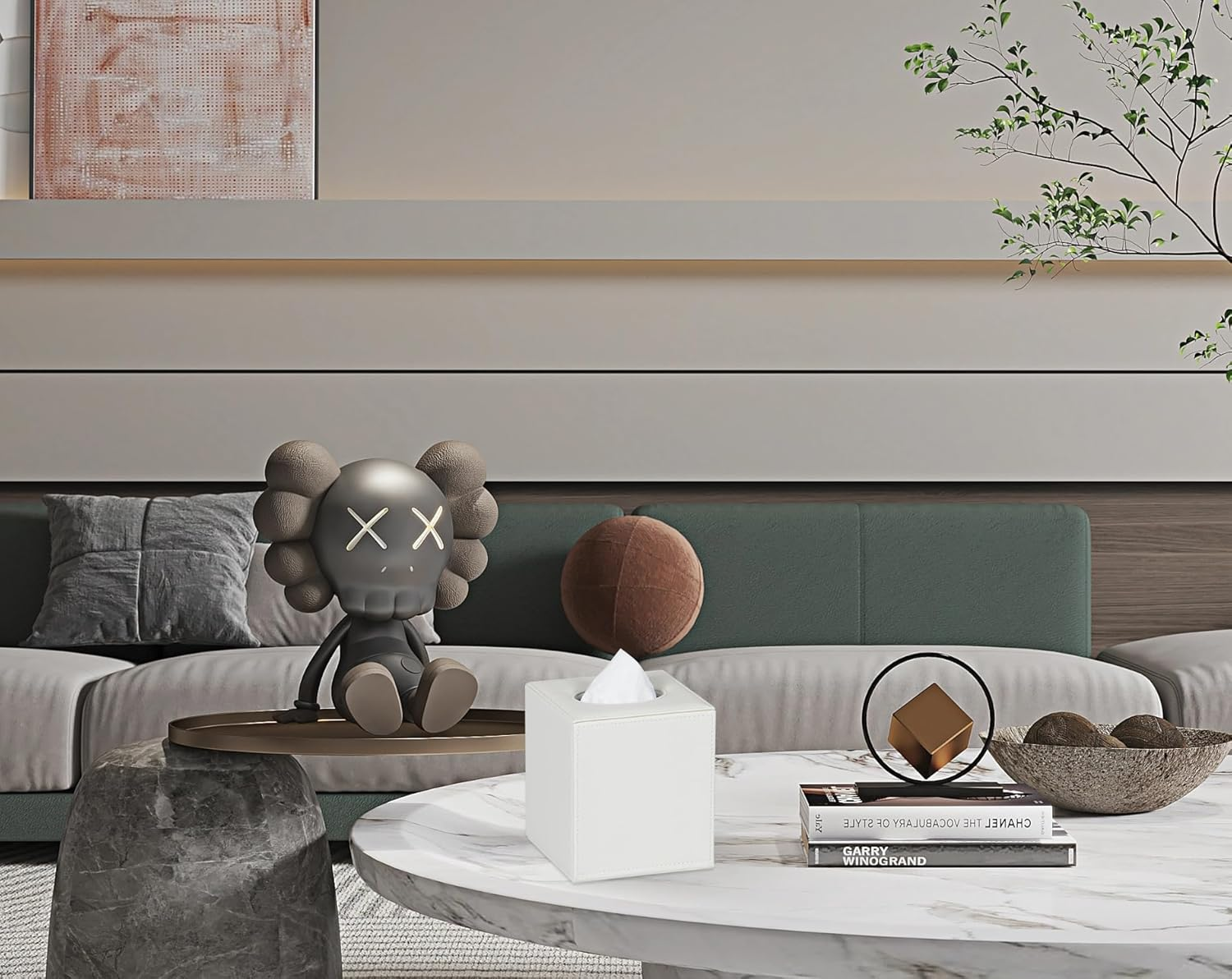 Tissue Box Cover Square Tissue Box Holder for Bathroom (White) - Black image number 2