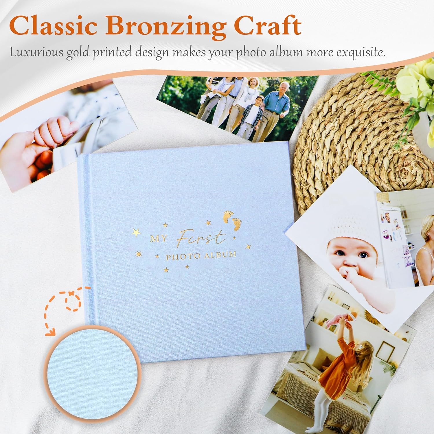 Holoary Baby Photo Album 4X6 100 Photos with Writing Area, 100 Pockets 4X6 Picture Album, Linen Fabric Cover Picture Book for Photos, Baby Photo Albums Hot Stamping Cover(Blue) - Blue image number 5