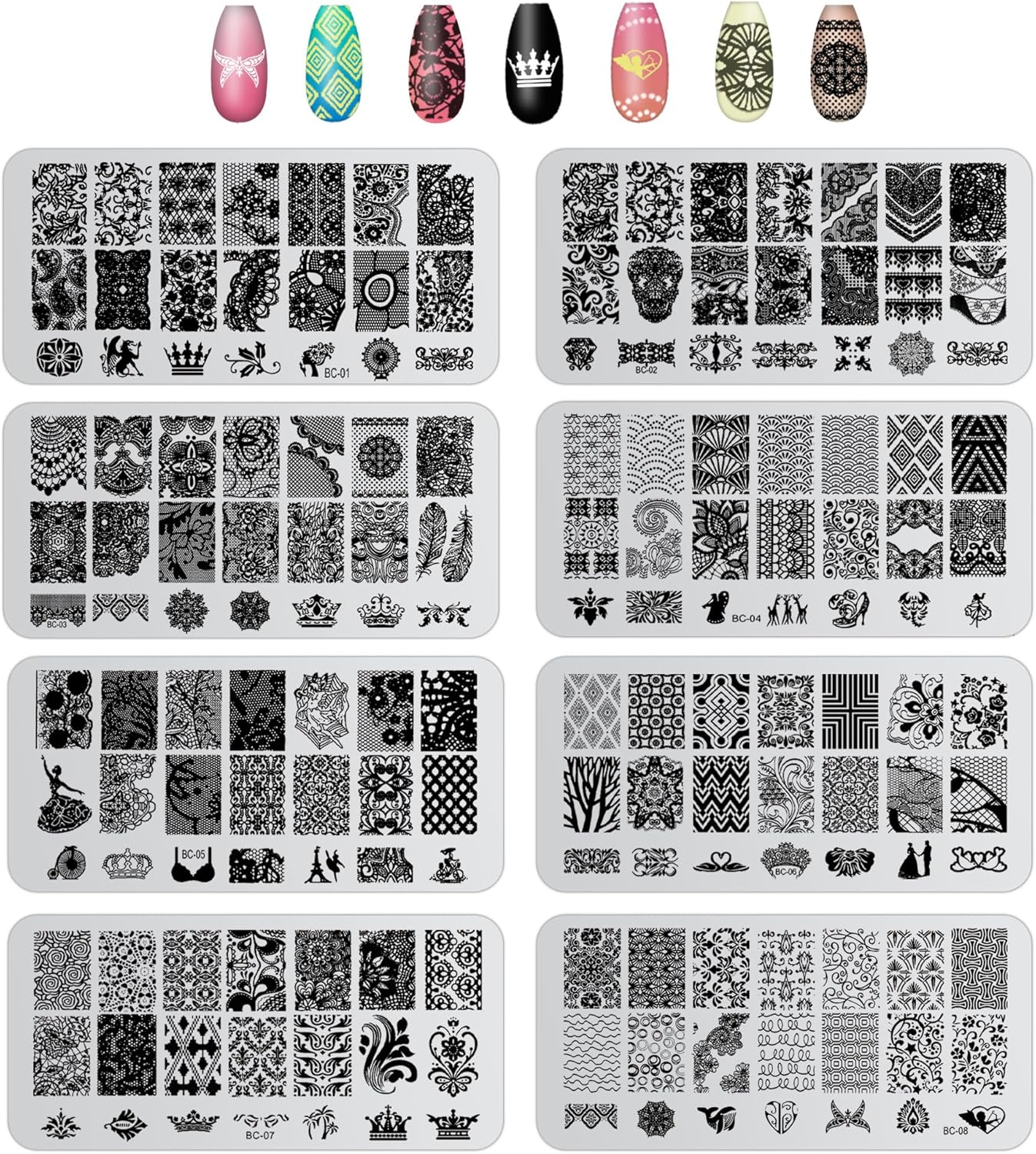 8PCS Nail Stamping Plate, Lace Nail Stamper Kit for DIY Print, Art Nail Stamping Kit for Women Nail Decoration, Nail Art Stamp for Manicure Salon Design Gift (8)