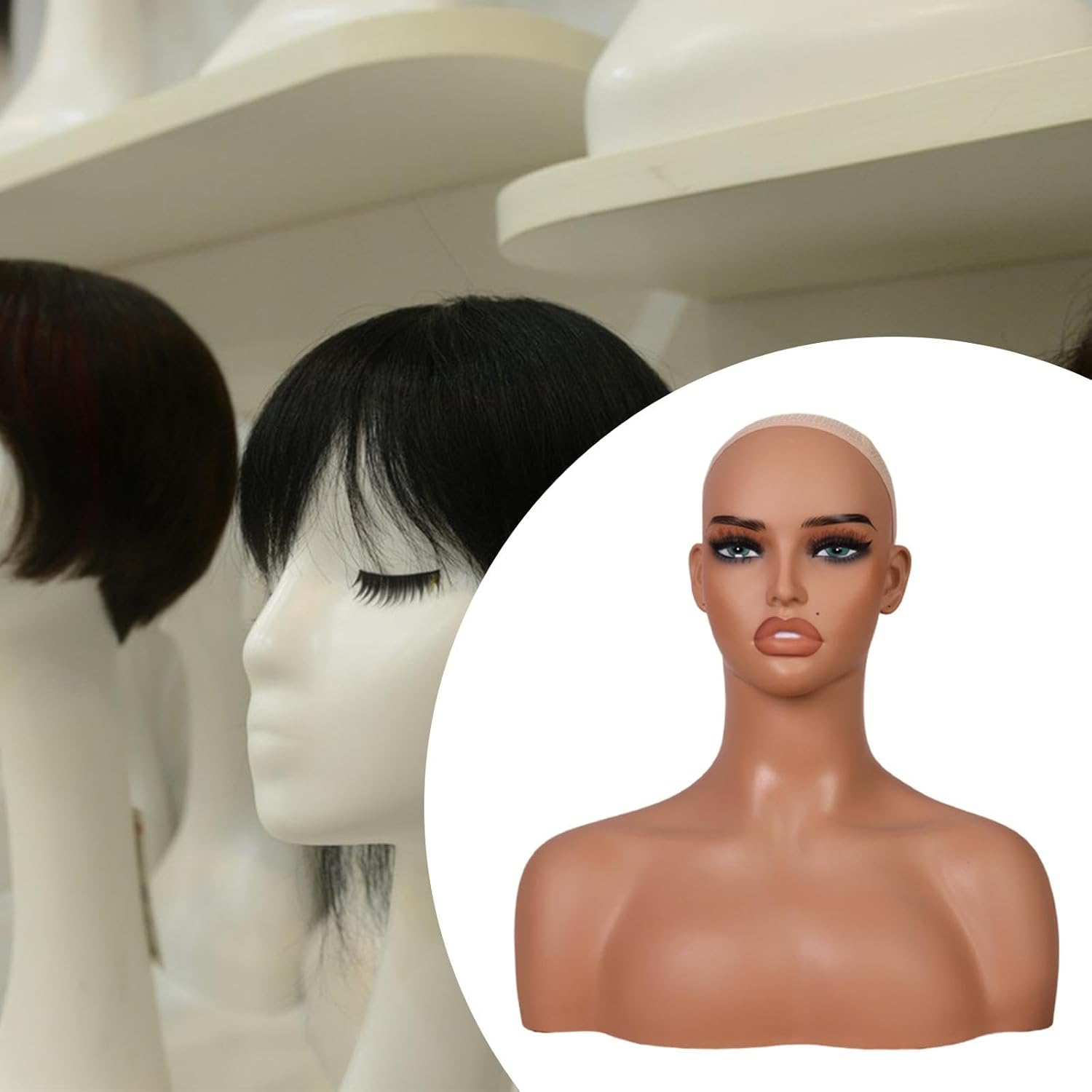 Eigell Realistic Female Mannequin Head Wig Display Stand PVC Female Mannequin Head with Shoulder for Necklace Wigs Making Styling image number 5