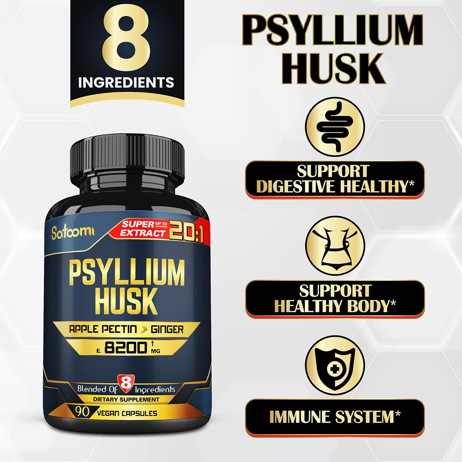 Fibre Supplement - Psyllium Husk Extract Capsules - 3 Month Supply - Blended with Apple Pectin, Ginger, Fennel, Turmeric, Peppermint, Cinnamon, Amla - Support Digestive & Immune Health image number 1