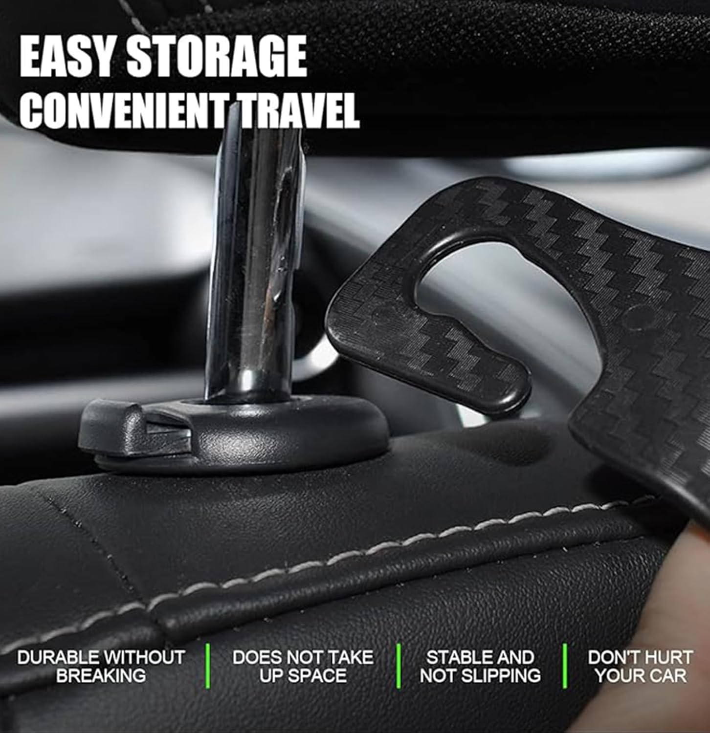 Heatunk 4-Pack Carbon Fiber Back Seat Headrest Hooks - Stylish Car Hangers for Handbags, Clothes, Grocery Bags - Sleek Black Design image number 5