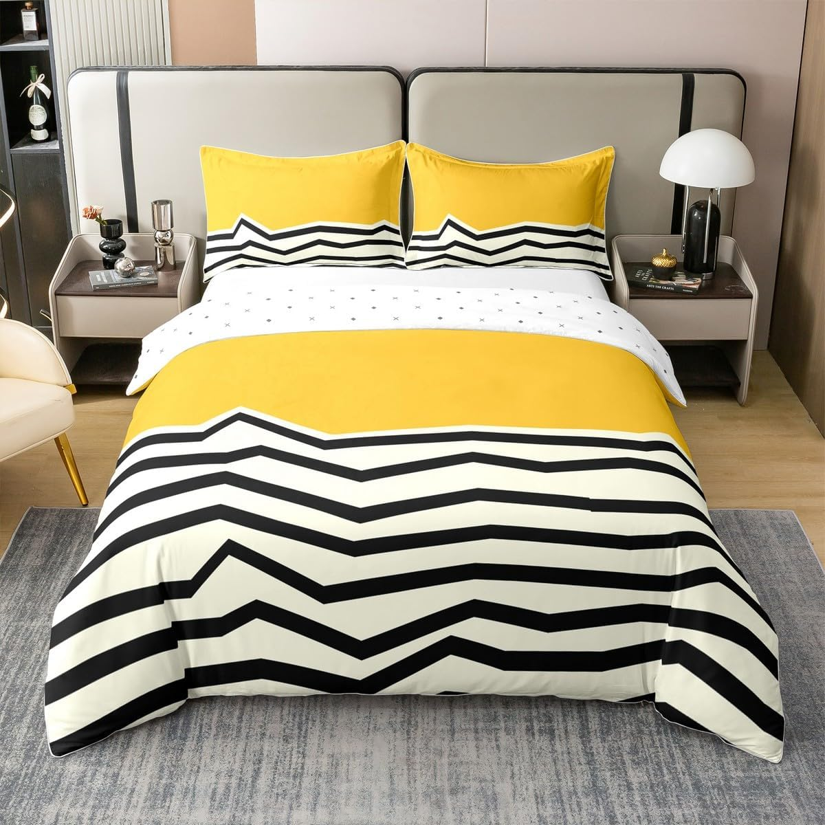 Geometric Minimalist 100% Cotton Duvet Cover 220 X 240 Cm for Children Adults Yellow Beige Bed Linen Set, Boho Simple Black Striped Comforter Cover, Modern Abstract Zigzag Lines Bed Set