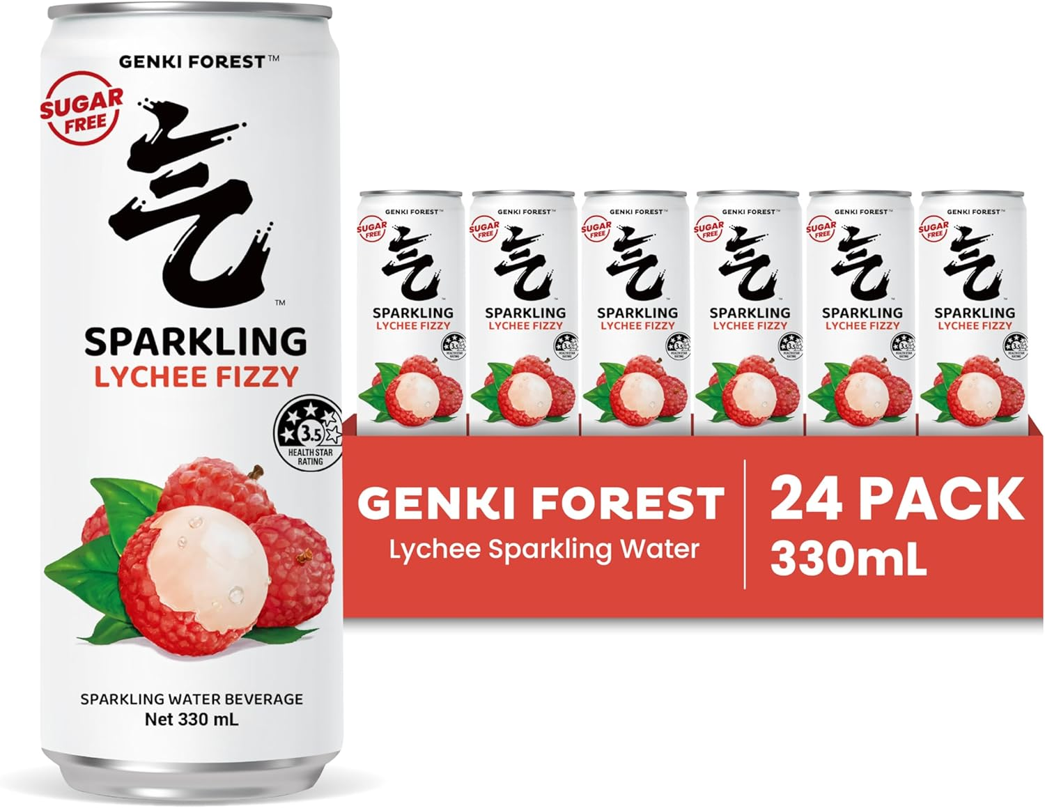 GENKI FOREST Lychee Fizzy Sparkling Water Beverage, Zero Sugar Drinks, 330Ml X 24 CANS image number 4