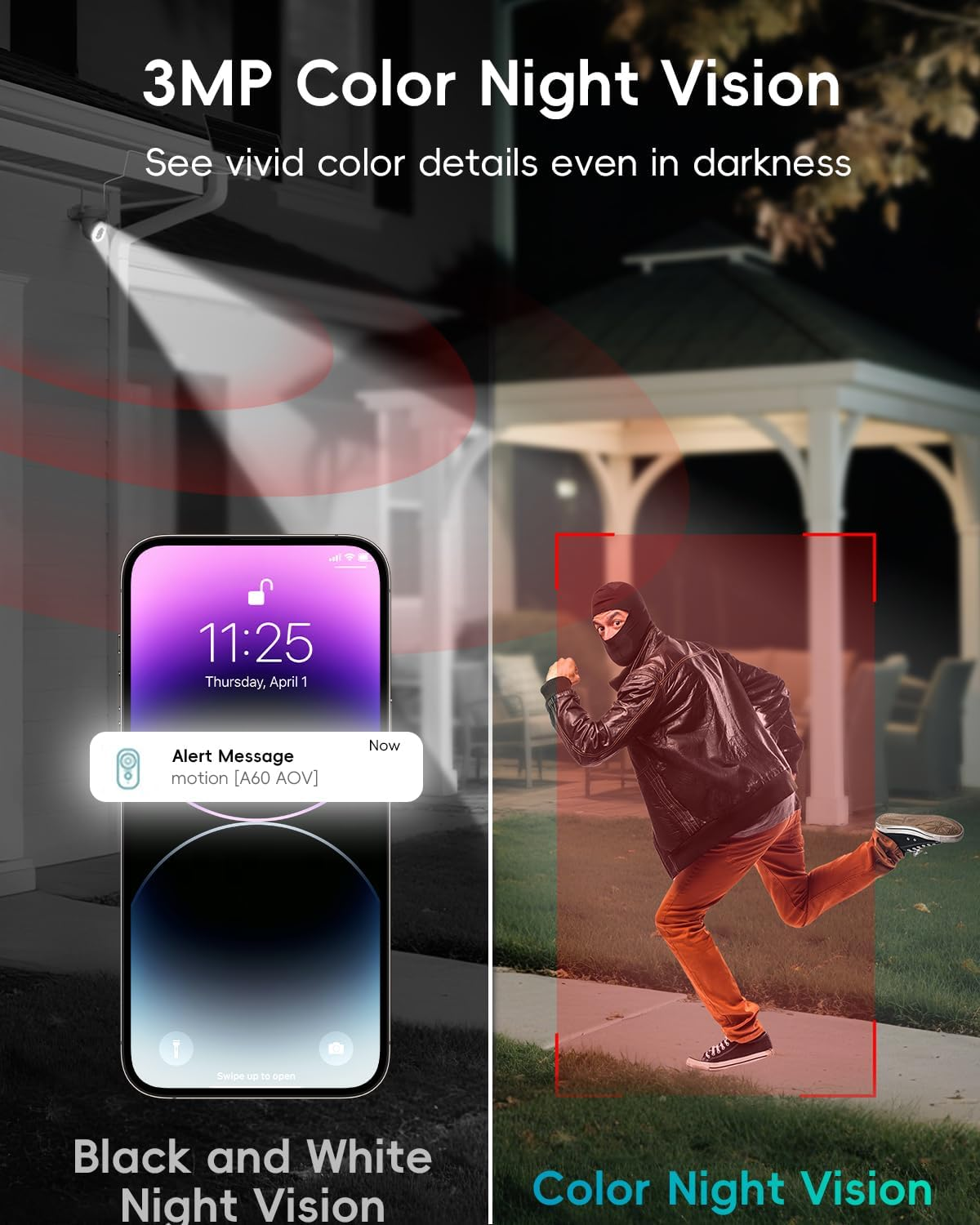 ZUMIMALL 9W Solar Security Cameras Wireless Outdoor, AOV 24/7 Recording Cameras for Home Security, 360&deg; View, 2K Color Night Vision, 2-Way Talk, 2.4Ghz Wifi, Auto Tracking, Cloud/Alexa image number 4