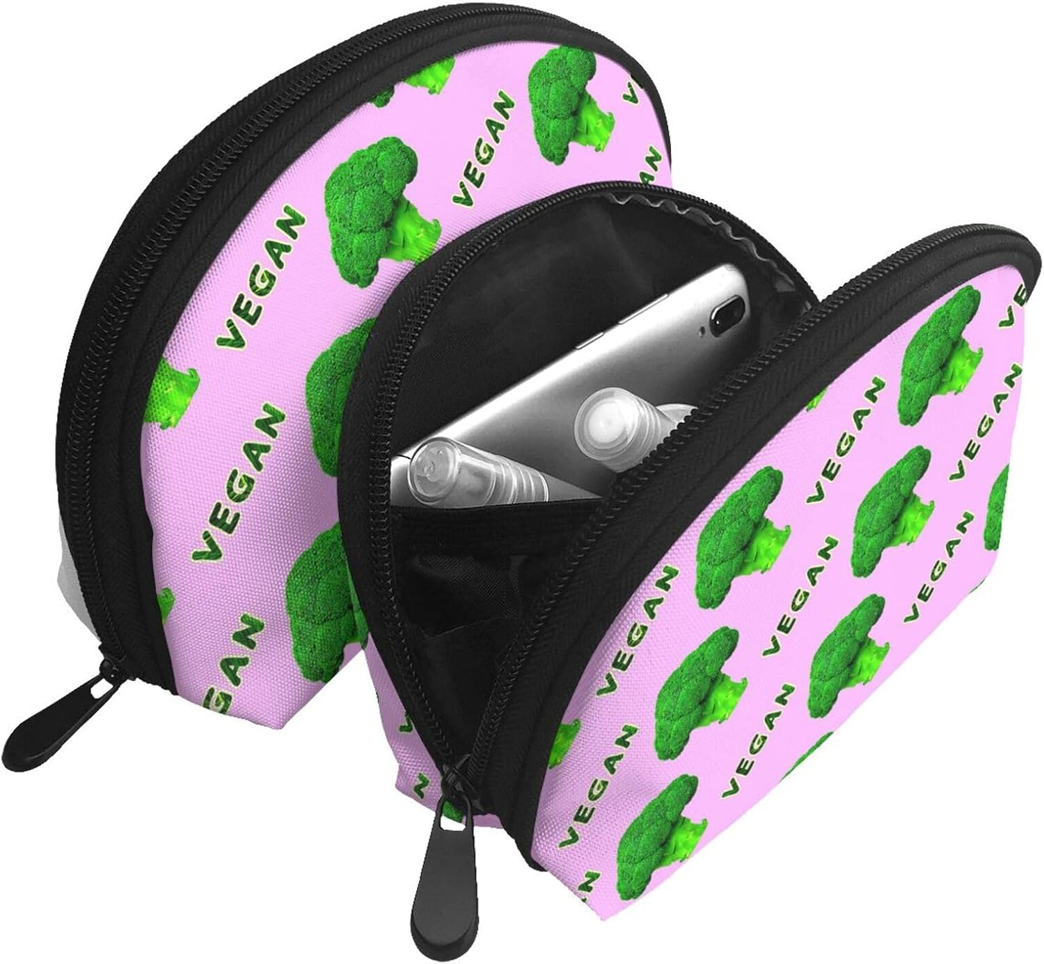 Cozimangoe Coin Pouch Makeup Bags Set, 2 Piece Shell Shape Cosmetic Bag with Pockets for Daily Travel Handbag Lipstick Keys Toiletry, Personalized Broccoli Vegan Green Pink image number 2