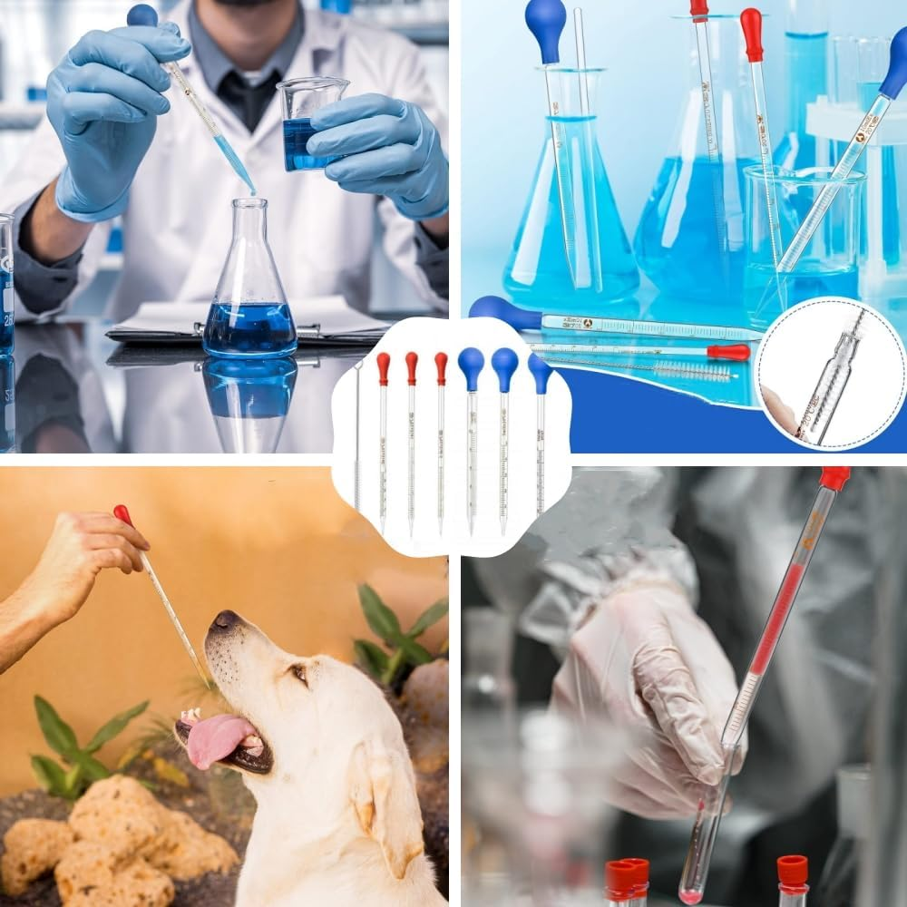 Changyeah 6 Pieces Glass Pipettes Graduated Dropper,0.5Ml /1Ml/ 2Ml/ 3Ml /5Ml /10Ml Glass Pipettes Graduated Dropper,Long Glass Pipette Dropper with 6 Rubber Caps and 1 Pcs Droppers Brush