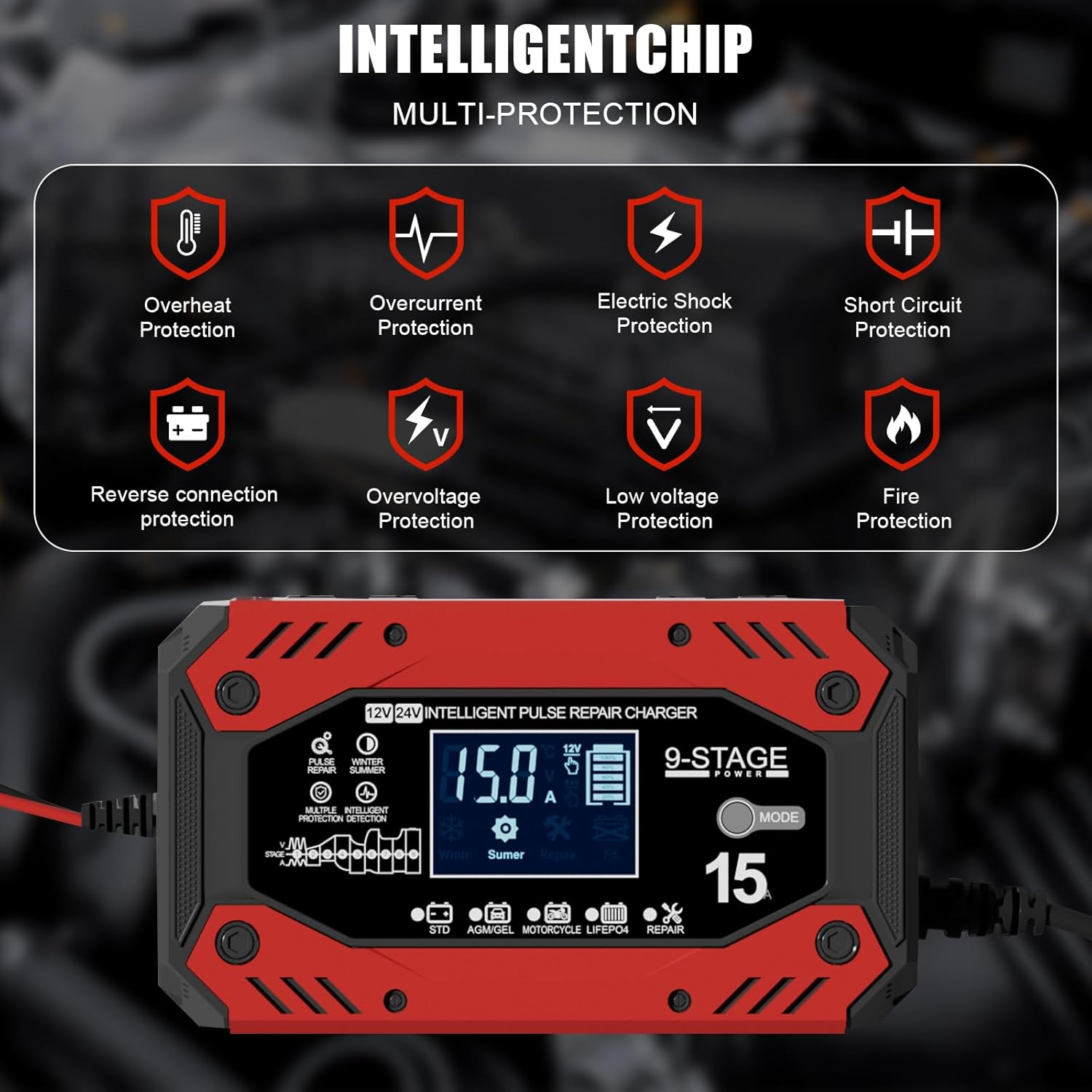 B-Qtech Car Battery Charger 15-Amp 12V/24V, Smart Trickle Charger for Car, Battery Maintainer Trickle Charger, Automotive Battery Charger with Temperature Compensation for Truck Motorcycle Lawn Mower image number 5