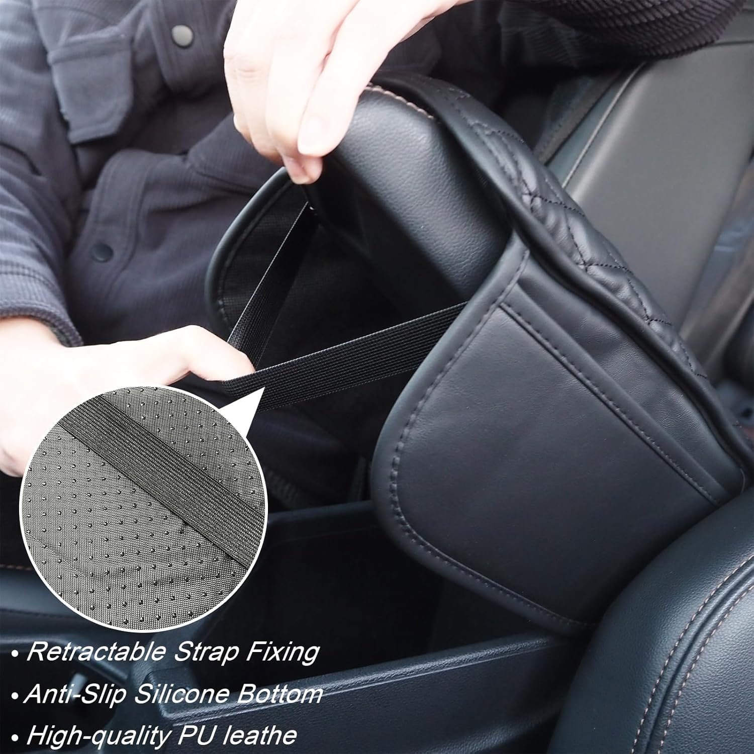 Car Armrest Cover, Universal Fit, Leather Armrest Support Elbow Rest Pillow, Center Console Soft Arm Rest Cushion Pad with Side Organizer, Car Accessories (Black #A) image number 1