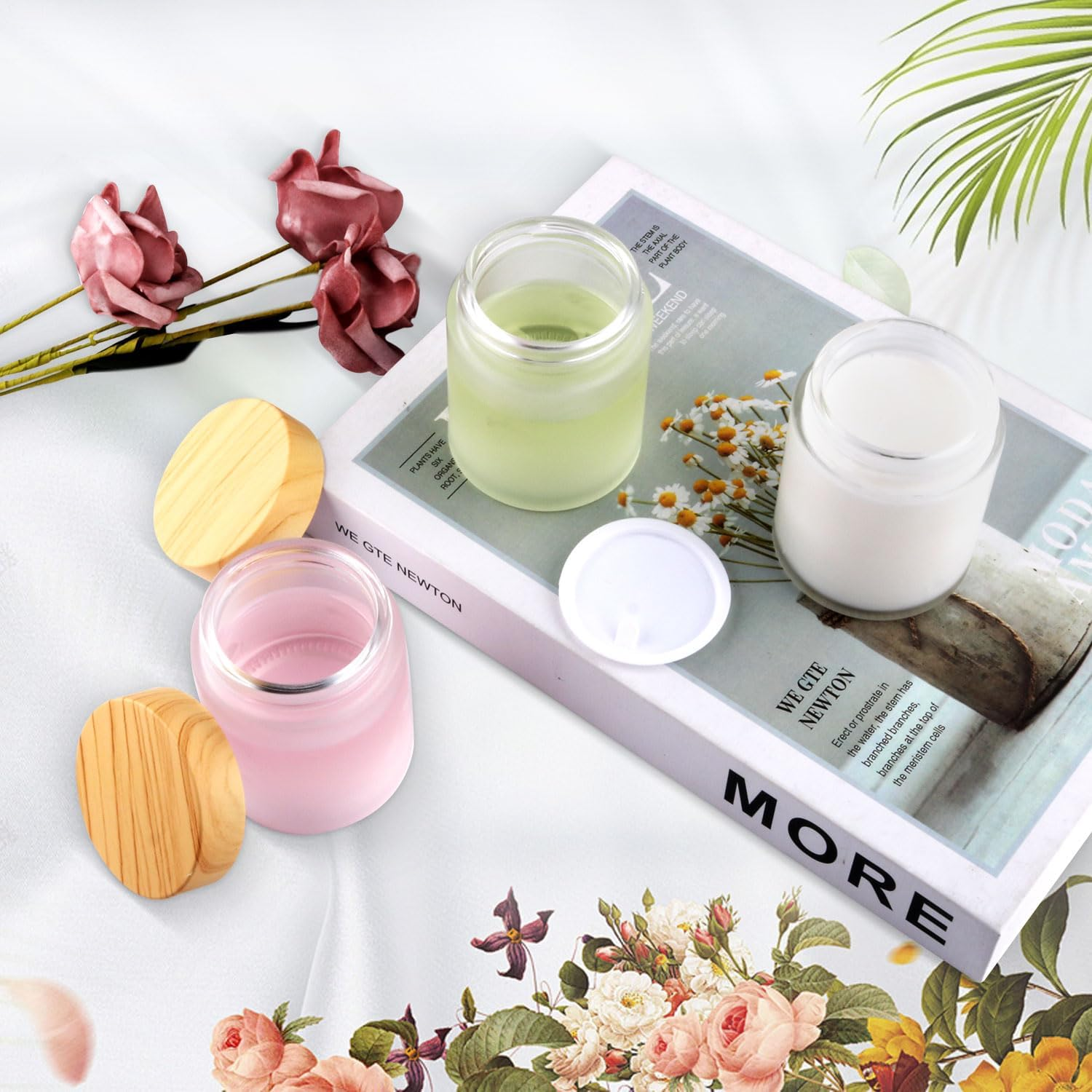 4 Pack 100G/3.4Oz Frosted Glass Cream Jars Refillable Cosmetic Containers Translucent Sample Jar Pot with Plastic Wood Grain Lids for Lotion Cream Eyeshadow Moisturiser Make Up image number 2