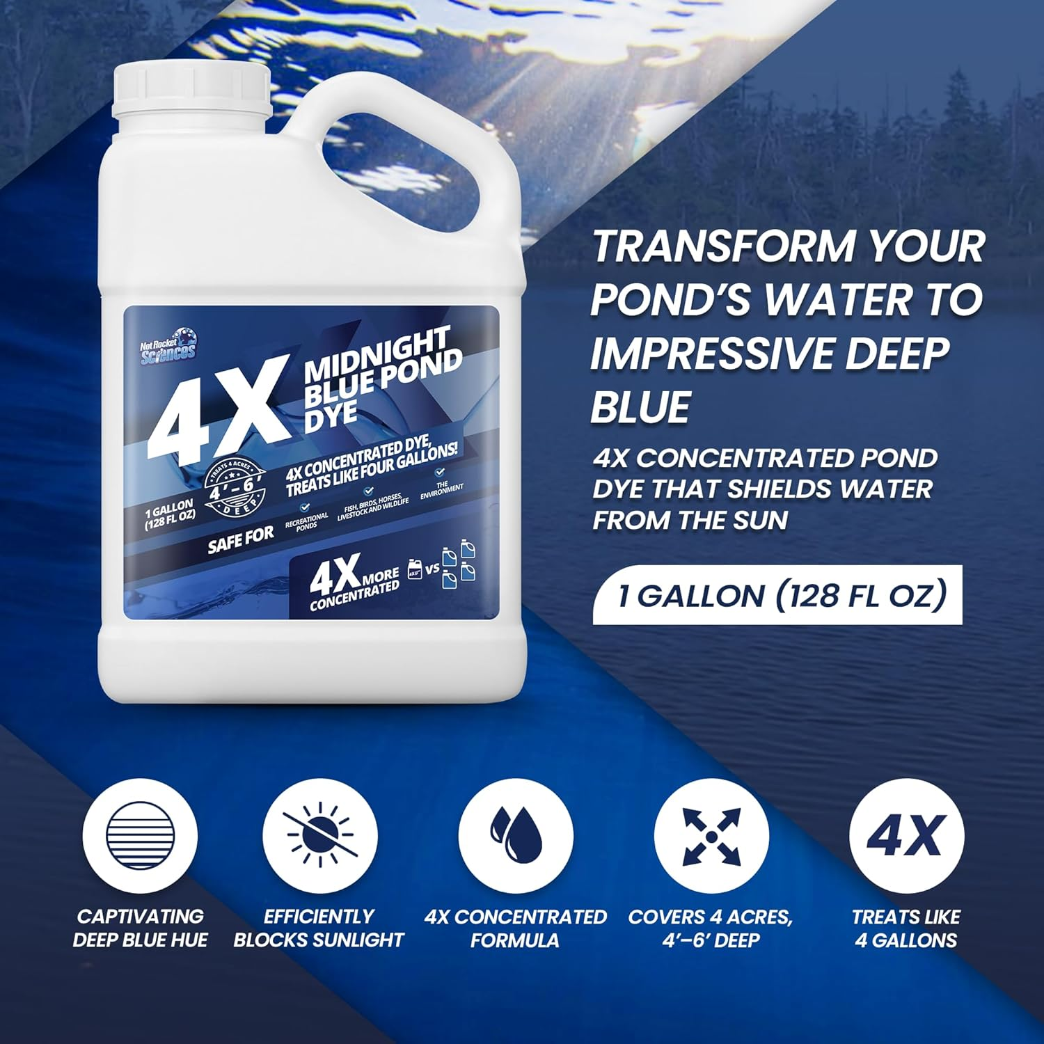 Midnight Blue Pond Dye 4X Concentrate, Dark Natural Looking Blue Pond Dye for Beautiful, Deep Blue Pond, Super Concentrate Pond Dye Blue, Protects against Sunlight, Safe for Fish & Wildlife, 1 Gallon image number 4