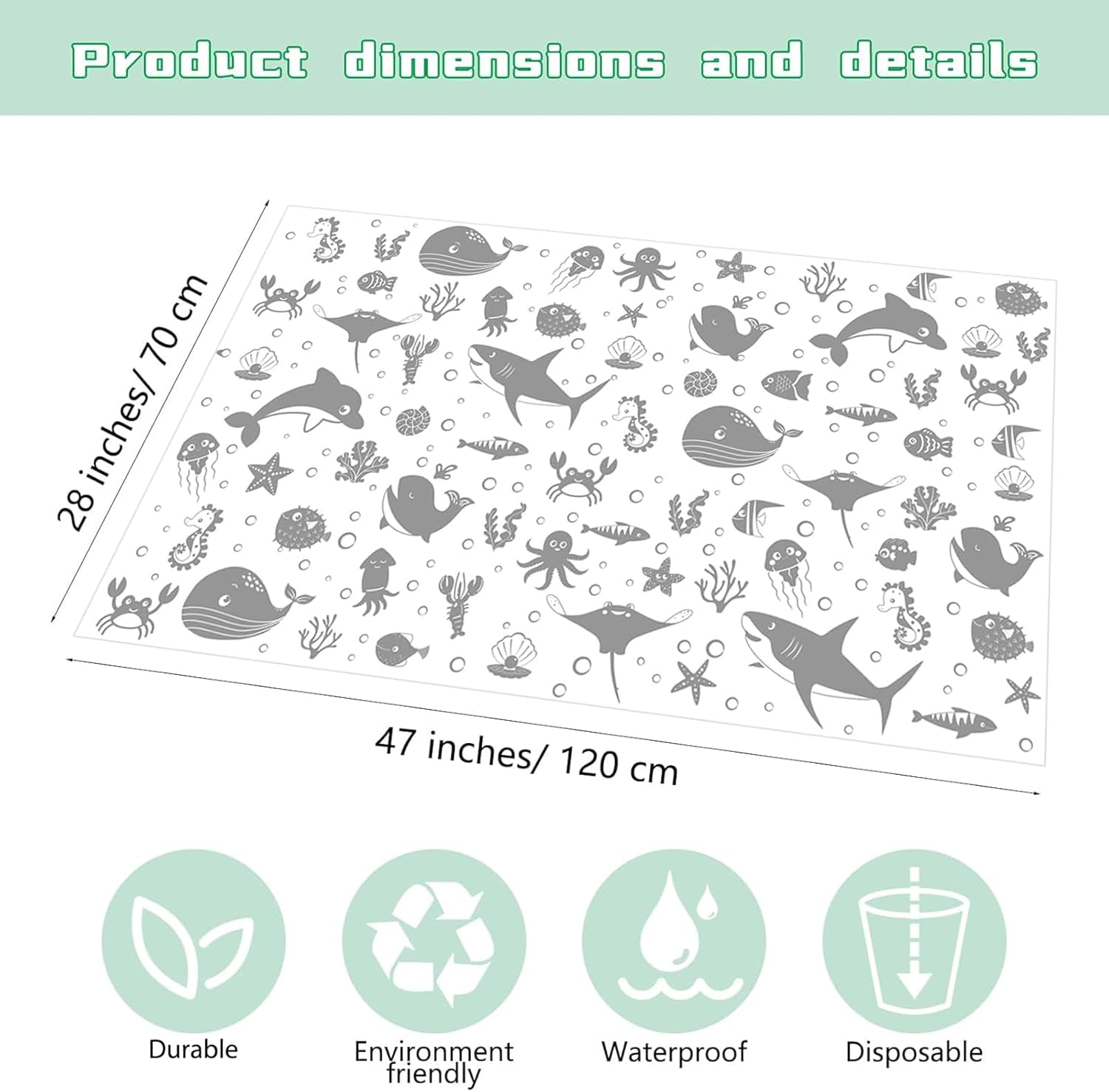 100 Pack 28"X47" Disposable Floor Splat Mats for under High Chair with Animals Print, Waterproof Plastic Floor Mat Multipurpose Baby Led Weaning Supplies(Sea Animal) image number 5