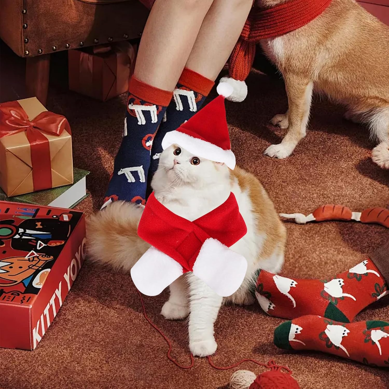 Pack of 2 Christmas Cat Costume, Christmas Hat, Cat Pet Costume, Dog Christmas Costume, Scarf with Hat Set, Clothing, Christmas, for Pets, Christmas Decorations image number 3