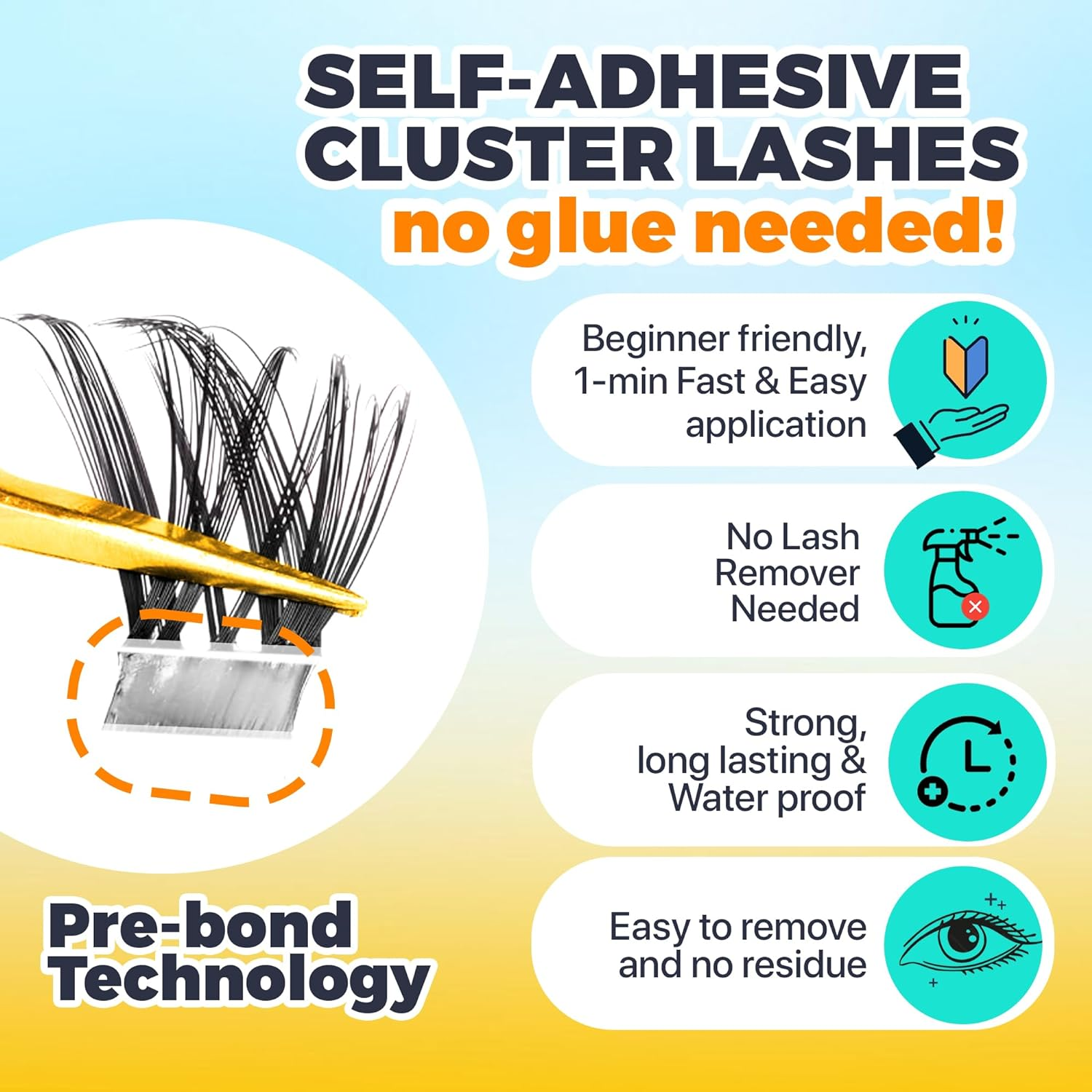 KLINQE Cluster Press on Lashes with Tweezer | DIY Self Adhesive Eyelashes No Sticky Residue | Quick and Easy to Apply No Glue Lashes for a Strong Hold | Reusable - Mix and Match! (Twilight Radiance) image number 1