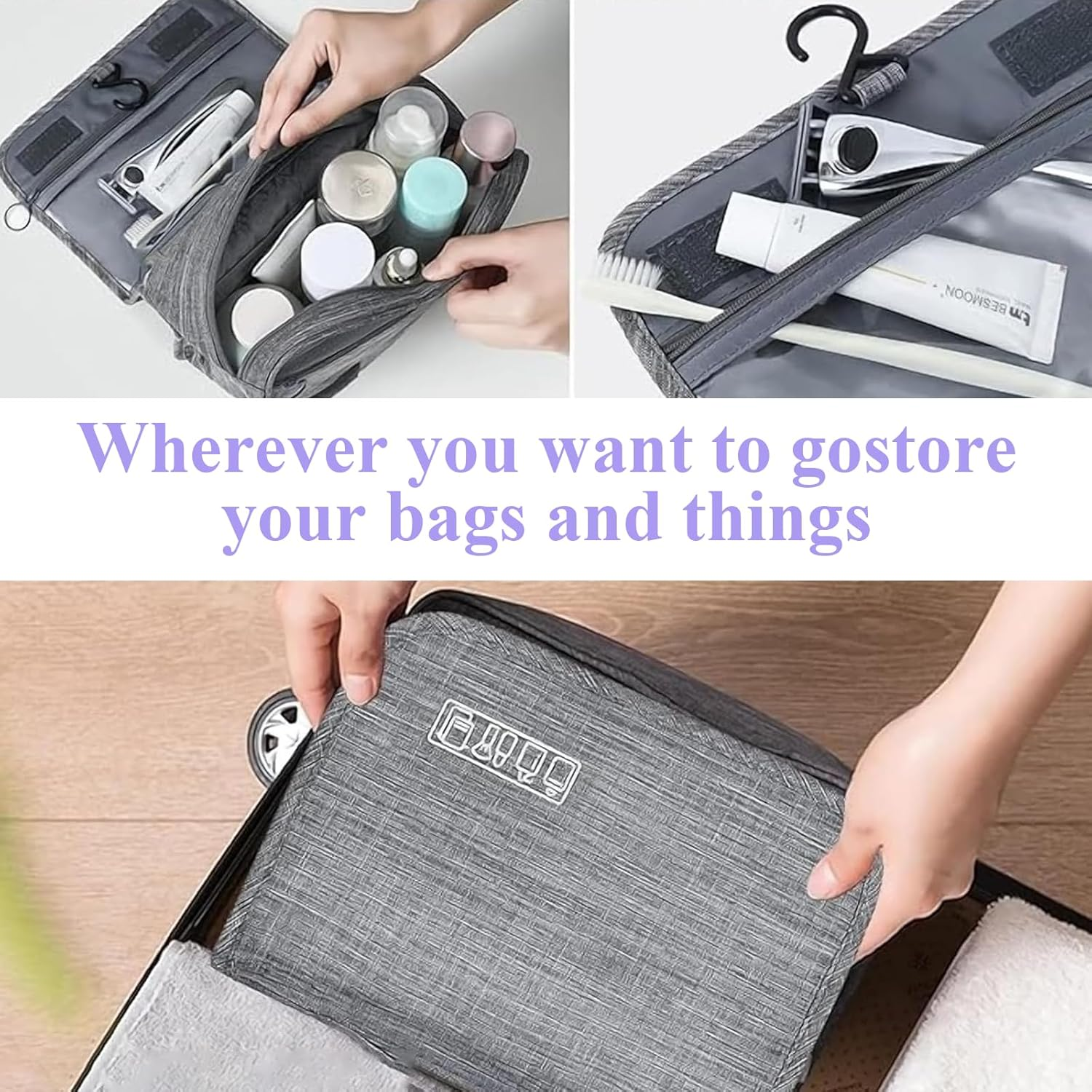 Rhoyee Hanging Toiletry Bag &ndash; Waterproof Travel Toiletries Organizer with Hook, 4-Layer Foldable Makeup & Shower Bag for Men and Women, Compact Bathroom Storage Pouch (Grey) image number 5