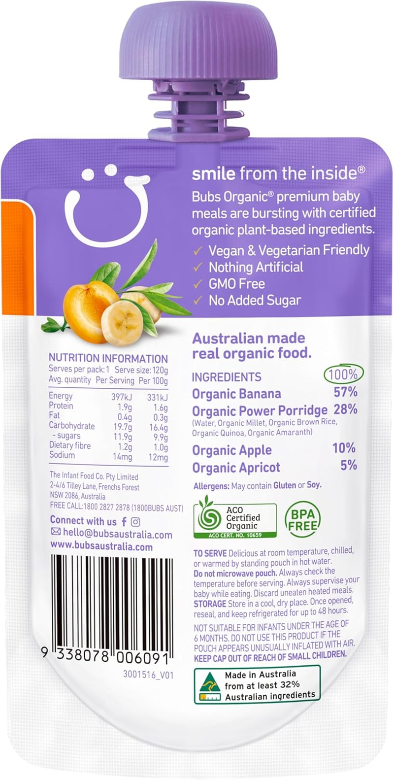 Bubs Organic Banana & Apricot Power Porridge Pouch, 6+ Months Baby Food, Fruit Puree Snack, No Added Sugar, 120G (Pack of 6 Pouches) image number 1