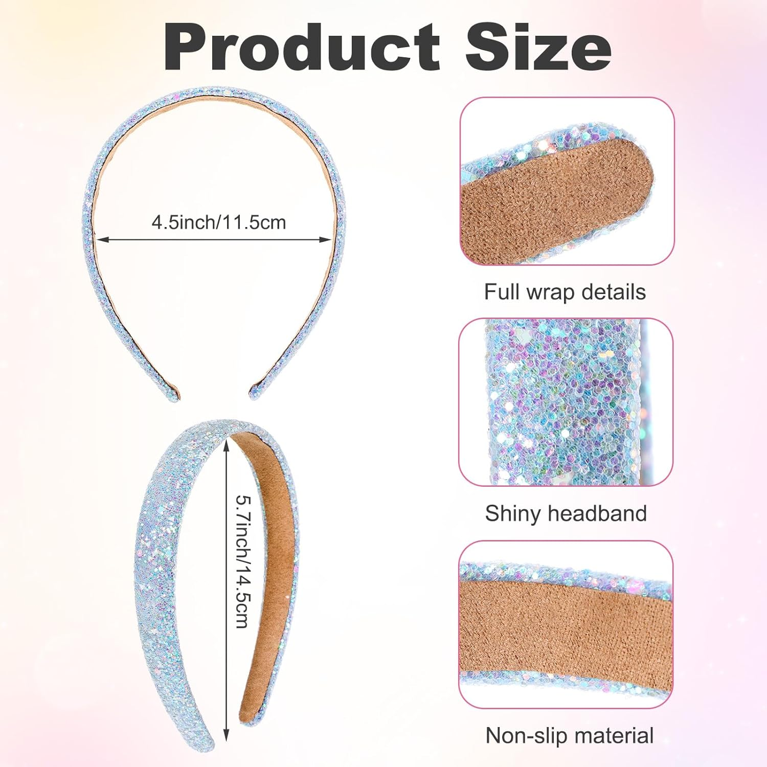 3PCS Kids Headbands for Girls Sparkly Headbands Wide Padded Hair Bands Thick Bling Fashion Cute Daily Accessories for Girls and Women (5.7&times;4.5 Inches, Pink + Sky Blue + White) image number 4