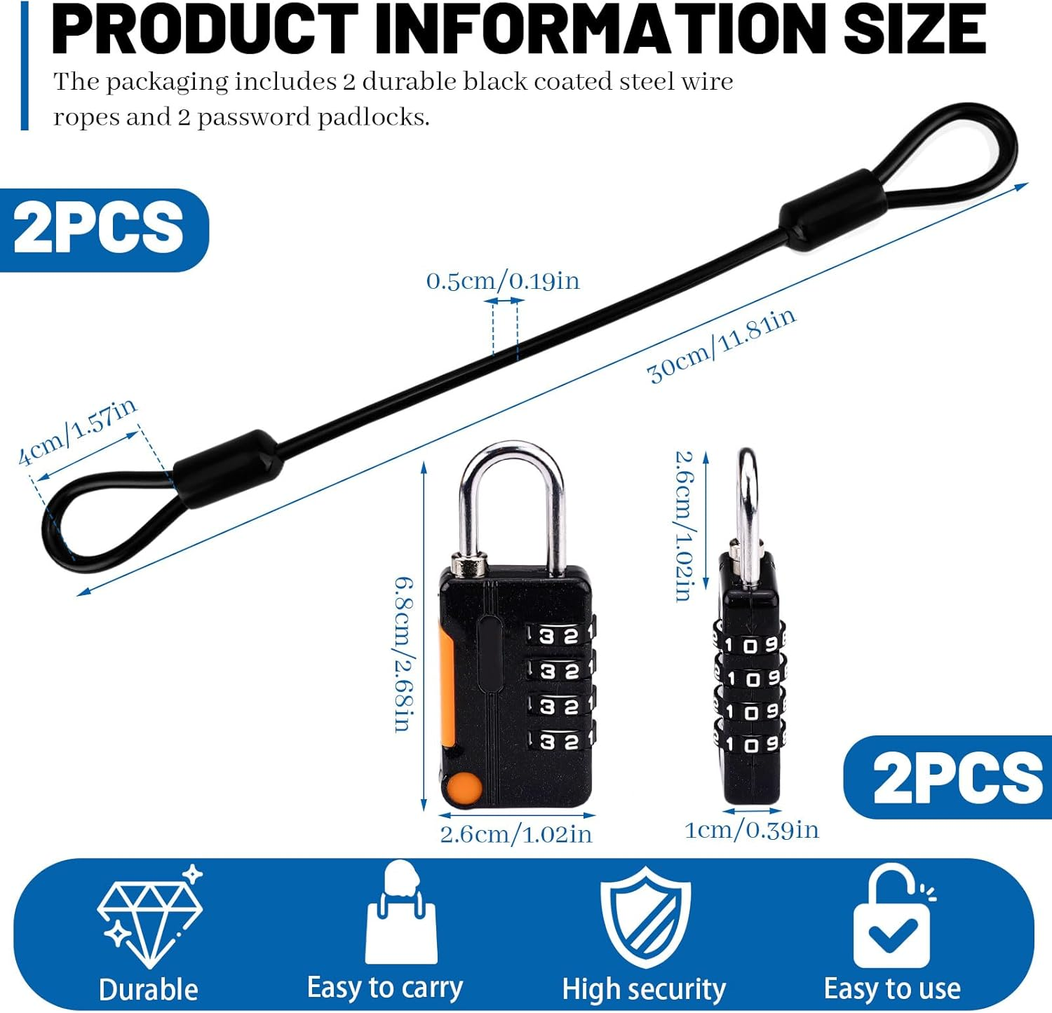 2 Sets Security Steel Cable with 4 Digit Combination Lock, Wire Rope Lanyard Cable with Lock, Cable Luggage Lock, Steel Cable Lock for Outdoor Travel Luggage (Black) image number 4