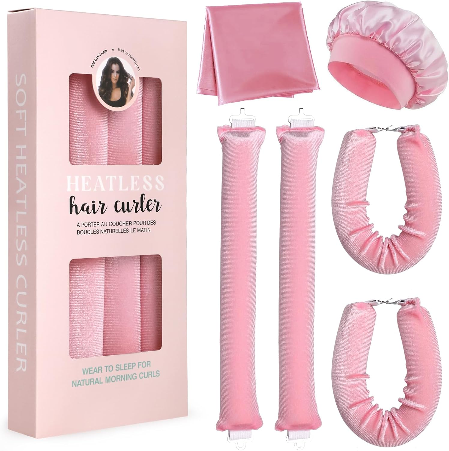 6PCS Heatless Hair Curlers, Geeric Satin Heatless Curling Hair Scarf+Shower Cap Set, High Resilience Sponge Soft Easy DIY Hairstyles Comfortable Hair Rollers for Overnight Curls Long/Short Hair Pink image number 2