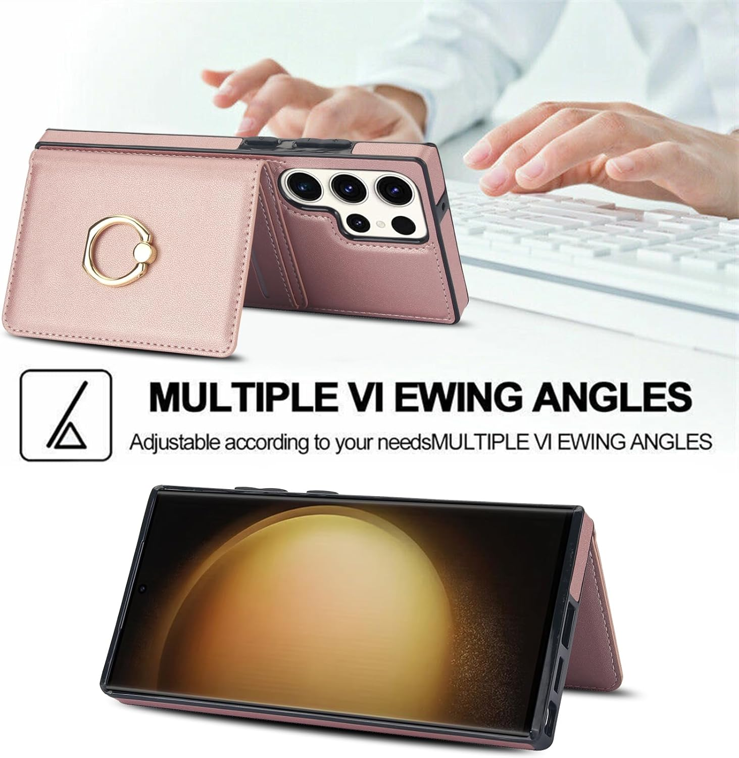 Asuwish Phone Case for Samsung Galaxy S23 Ultra 5G with Tempered Glass Screen Protector and RFID Card Holder Slot Ring Kickstand Cell Accessories S23Ultra 23S S 23 23Ultra 6.8 Inch Women Men Rose Gold - Purple image number 4