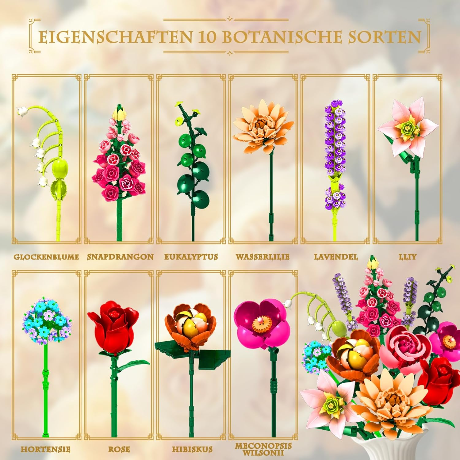 Flower Clusters Bouquet Kit, 762 Pieces Eternal Bouquet with Hibiscus, Rose, Lily, Lavender & More, DIY Decoration Set for Living Room, Christmas, Building Blocks for Adults & Children from 6 Years image number 1