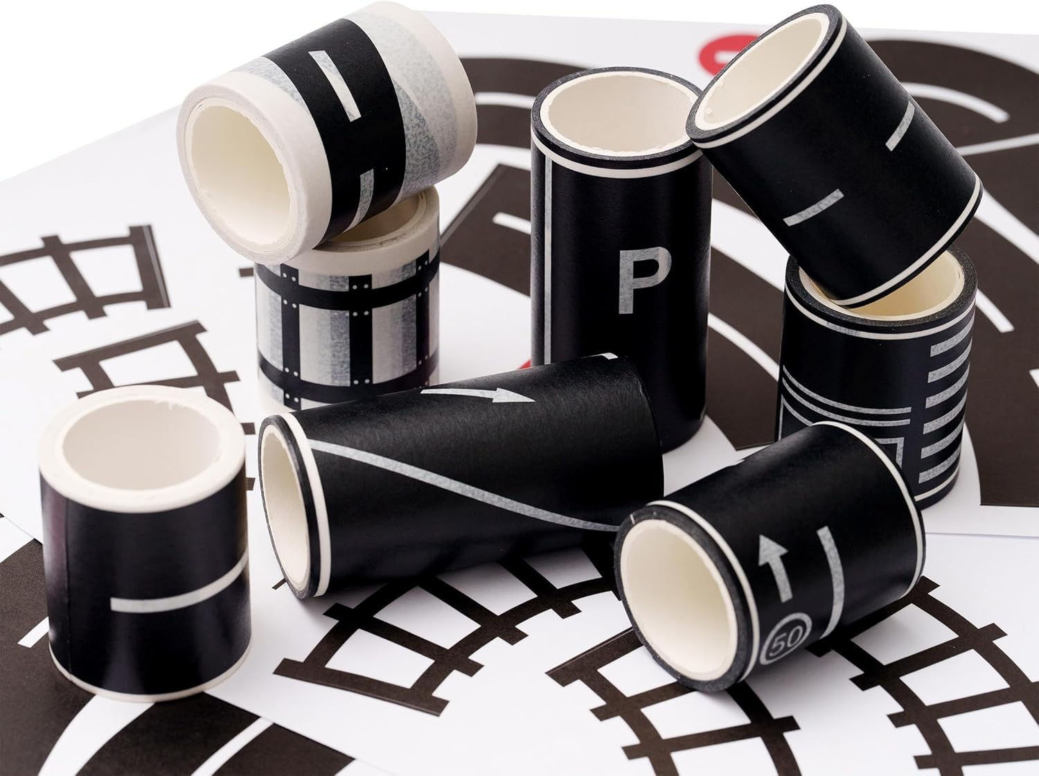 YUBX Road Tapes & Curves Stickers Set 8 Rolls Black Highway Washi Tapes Traffic Decorative Masking Tape for Toy Cars, Vehicles Kits, Kids Party Gift image number 2
