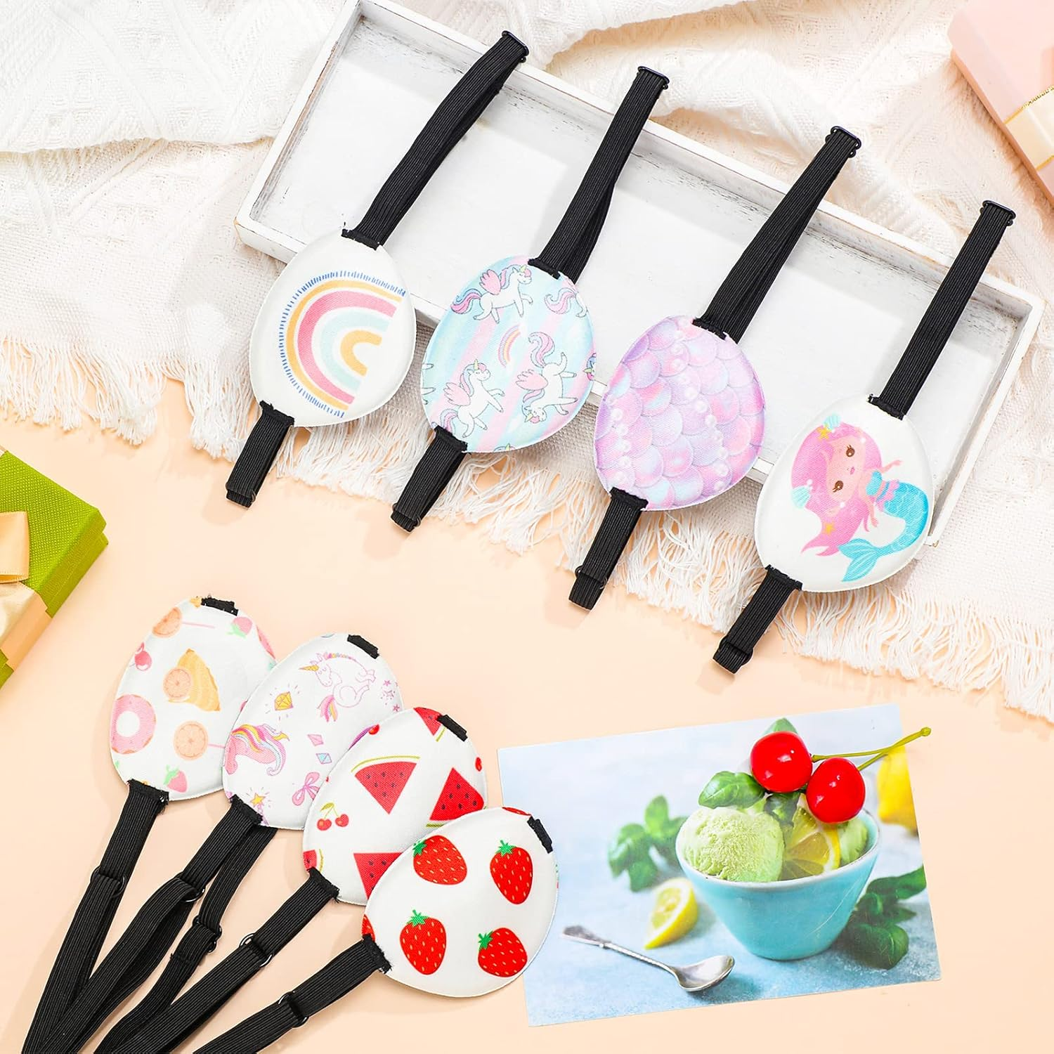 8 Pcs Eye Patches for Kids Adjustable Single Eye Patch Reusable Cute Girls Eye Patch with Elastic Strap for Lazy Eye Either Eye Left or Right Eyepatch, Unicorn Mermaid Rainbow Various Patterns image number 6