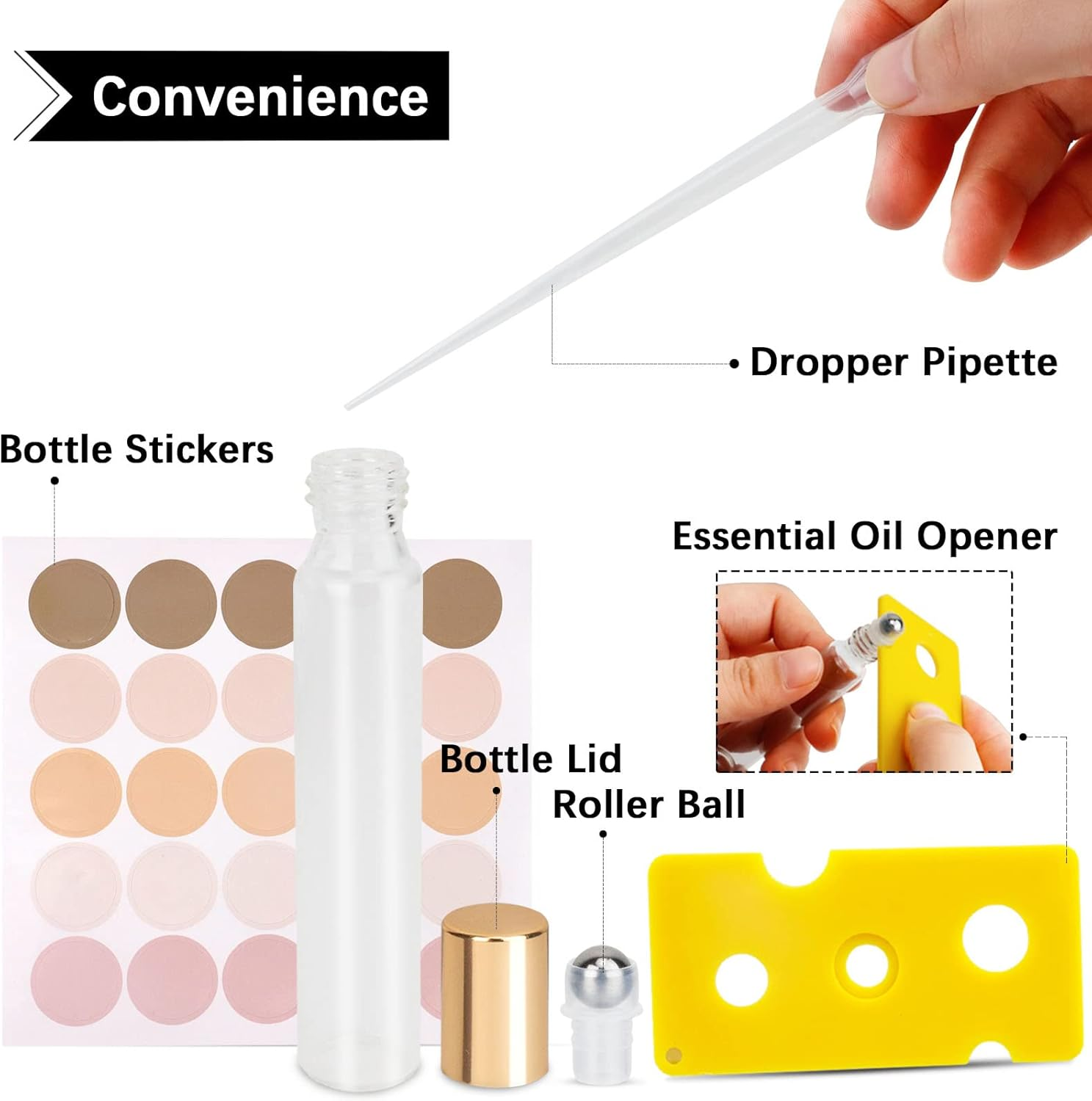 12PCS Essential Oil Roller Bottle Refillable Empty Glass Bottle with Stainless Steel Rollerball, 1PC Opener and 2PCS Dropper Refillable Glass image number 4