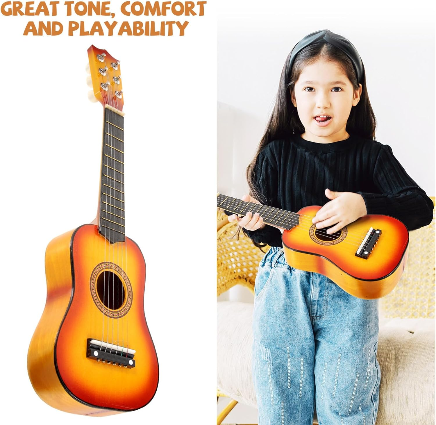 Veemoon 21 Inch Kids Acoustic Guitar 6 String Wooden Small Guitar Beginner Guitar Instrument (Sun Color) image number 2