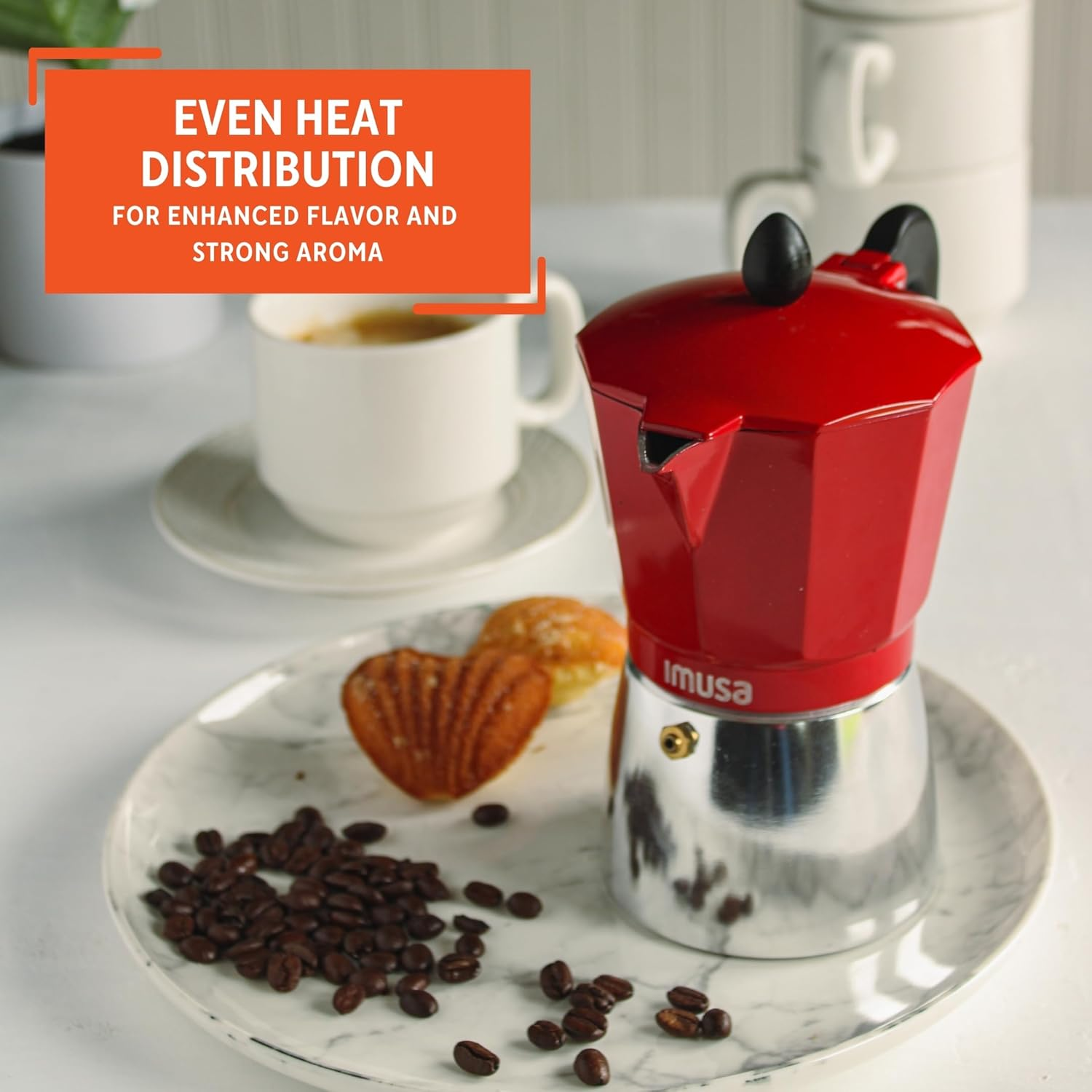 IMUSA USA Red Aluminum Stovetop 6-Cup Classic Italian and Cuban Espresso Maker (B120-43T), Silver/Red image number 2