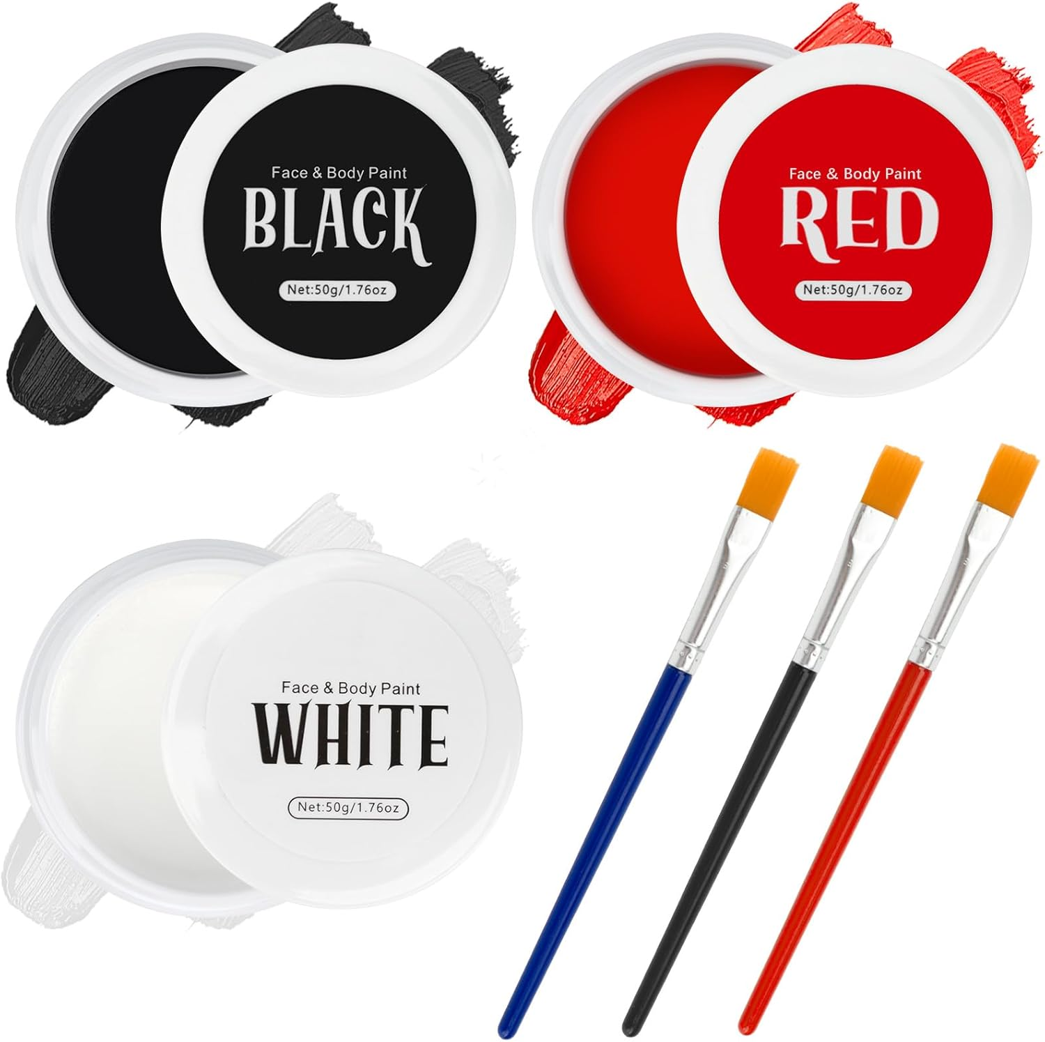 Tonjin Black + White + Red Face Body Paint Set,Non-Toxic Professional Paint Palette Kit with 3 Brushes for Kids & Adults Art Theater Halloween Party Cosplay Clown Corpse Paint SFX Makeup(150G)