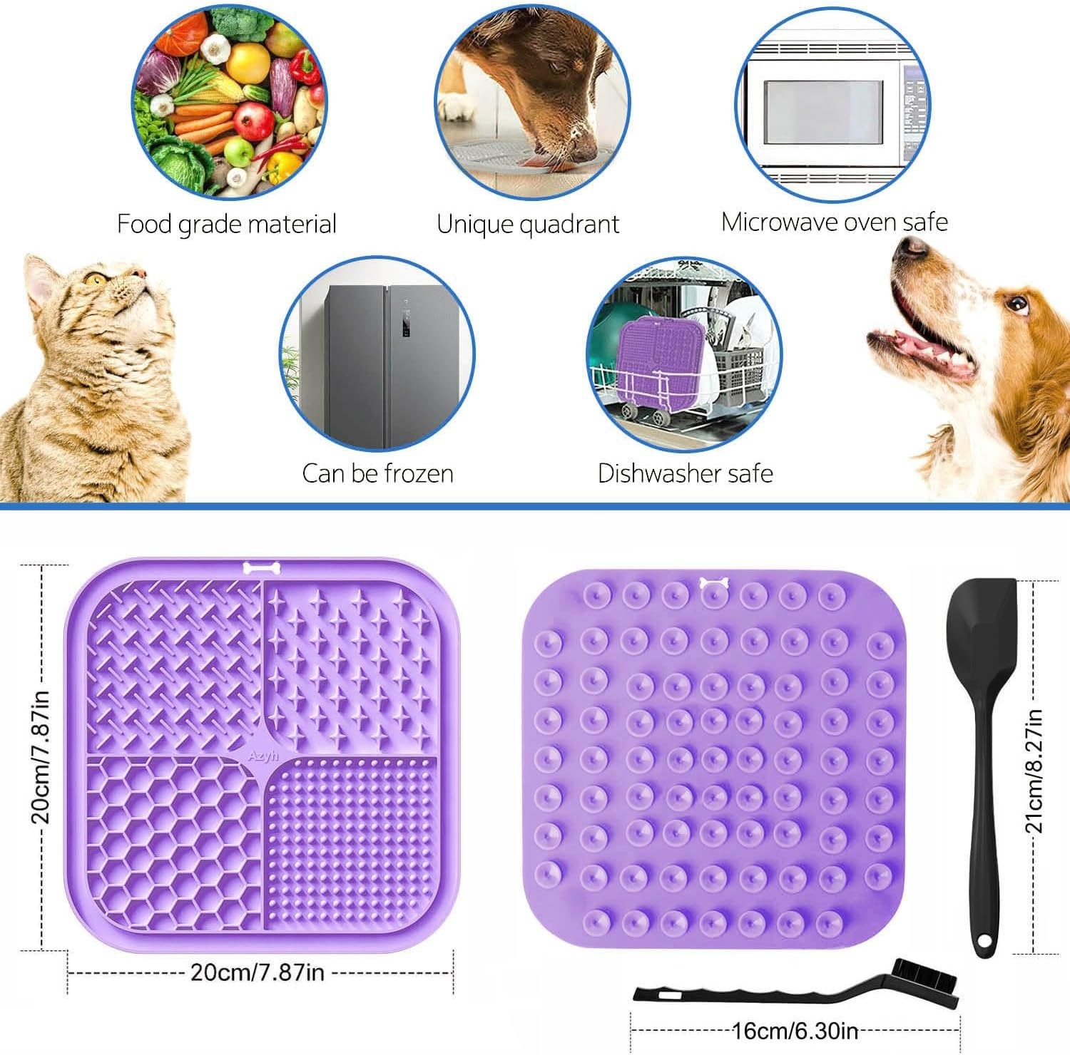Azyh 2 PCS Licking Mat for Dogs & Cats with Suction Cups, Dog Slow Feeder Lick Pat for Anxiety Relief, Dog Toys Feeding Mat for Butter Yogurt Peanut, Pets Bathing Grooming Training Mat (7.9''*7.9'') image number 1