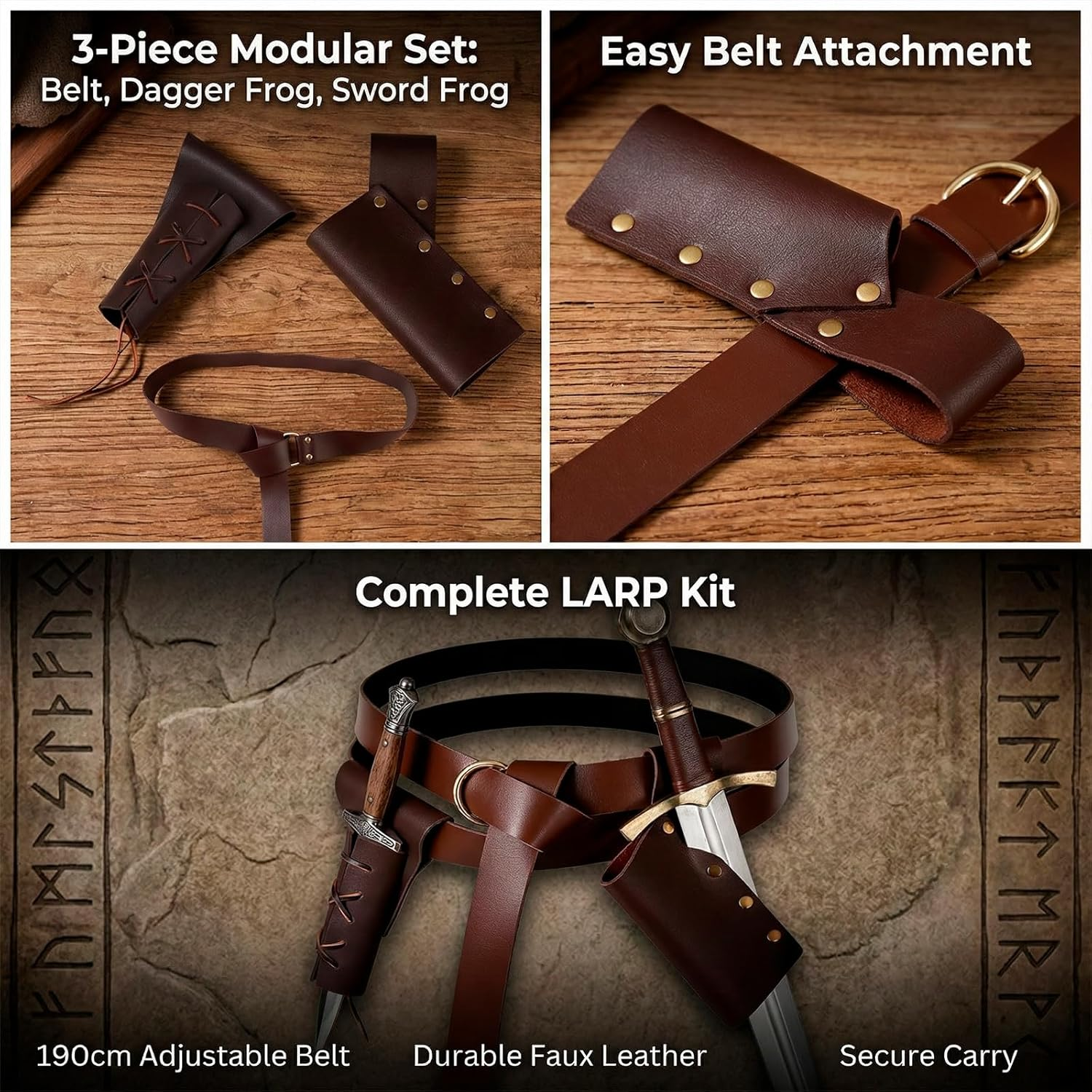 RIBNXHI 3 Piece Medieval Renaissance Knight Belt Set with Viking Sword Frog, Adjustable Leather Belt for Dagger and Sword, LARP Cosplay Costume Accessories for Men and Women image number 2