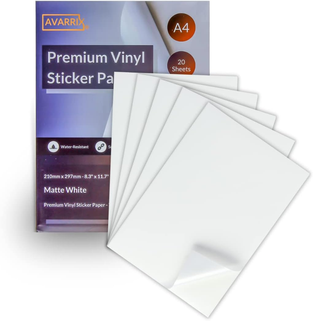 Avarrix Australia Printable Vinyl Sticker Paper for Laser Printer, Matte White, 20 Sheets, Waterproof Label Stickers, Printable Vinyl Self Adhesive Sheets, Tear Resistant, Printable Vinyl Self Adhesive Sheets, Vibrant Colours, A4 Size image number 2