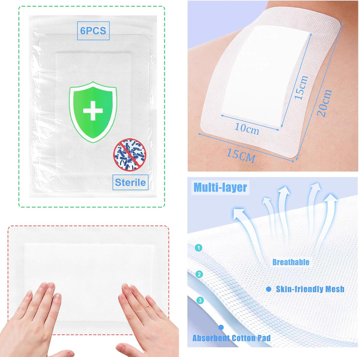Wound Dressings Pads with Absorbent Center Pad, Soft Breathable Individually Wrapped Dressing Patches, Non-Stick Wound Care, 15 X 20CM, 6Pack