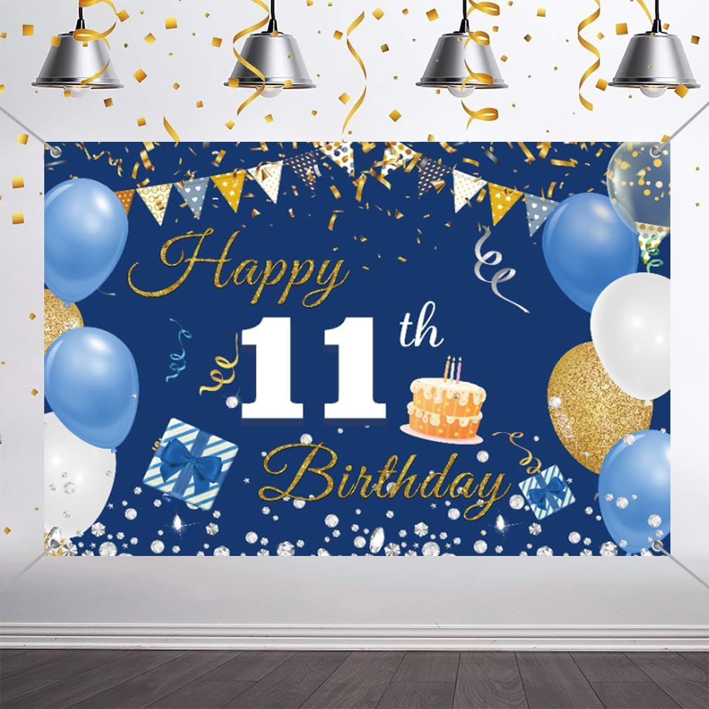 11Th Birthday Decorations Backdrop Banner for Boys/Girls Happy 11 Years Old Fabric Sign Poster, Blue Photography Background 11Th Birthday Party Supplies, 59"X35.4"