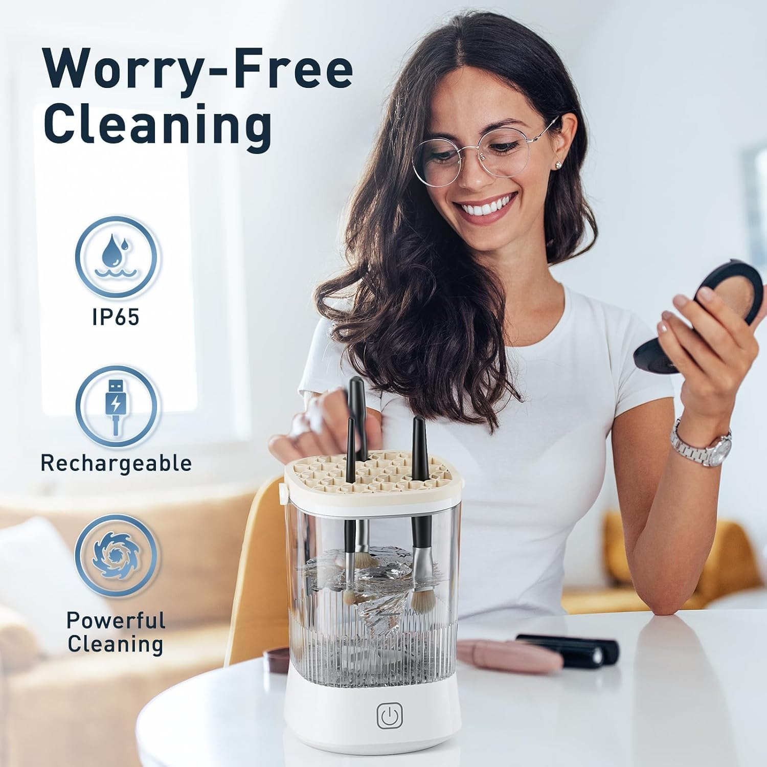 Electric Makeup Brush Cleaner Machine, Automatic Spinning Make up Brush Cleaner with 1200 Mah Rechargeable Battery, Portable Cosmetic Brush Cleaner Dryer Tool for All Size Makeup Brush (White)
