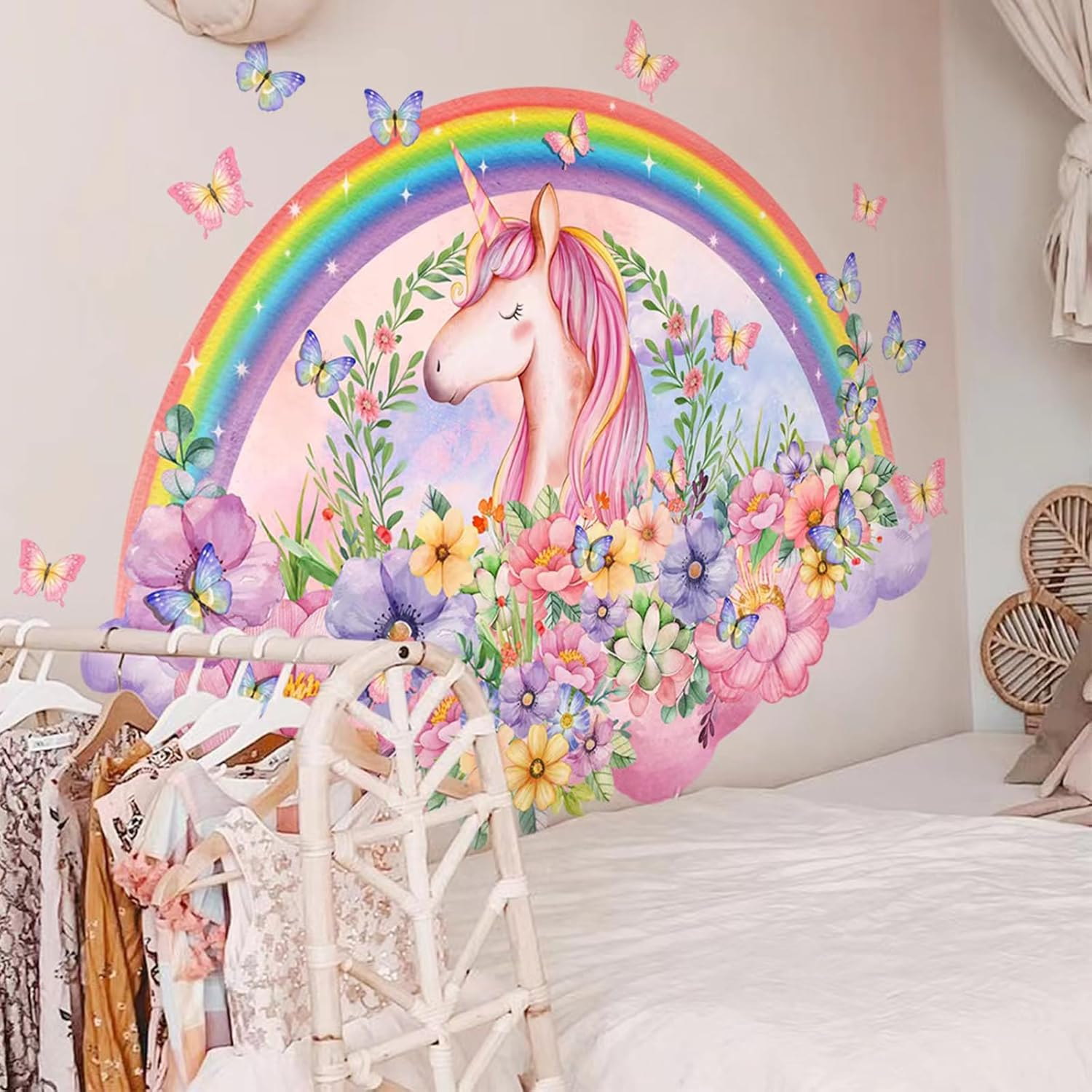 Unicorn Wall Decals, Rainbow Flowers Butterfly Wall Stickers, Girls Bedroom Living Room Kitchen Wall Door Decor image number 2