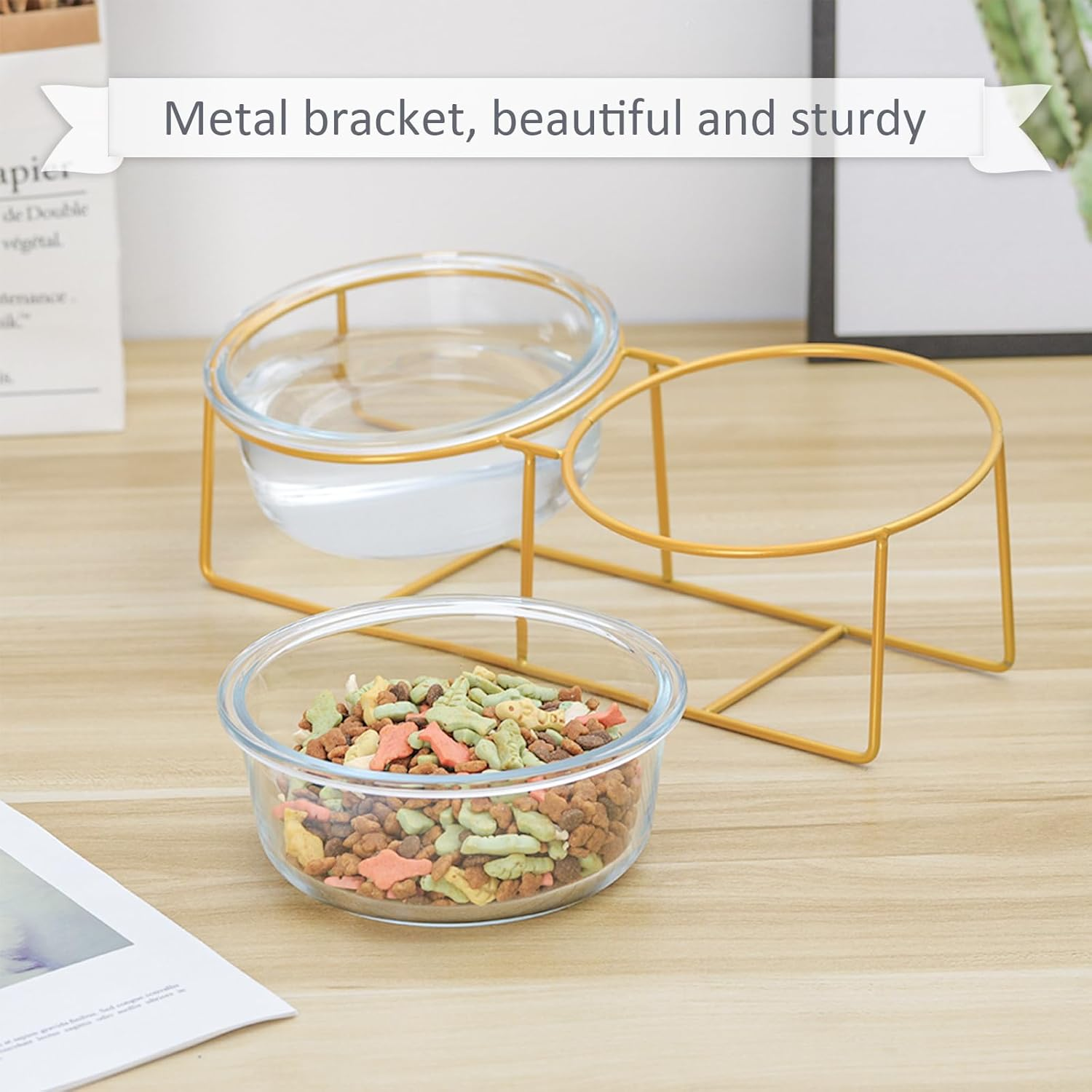 Small Double Elevated Dog Bowls - Raised Dog Bowl - Glass Dog Cat Bowl Set for Food and Water - Pet Comfort Feeding Bowls with Gold Iron Stand image number 1