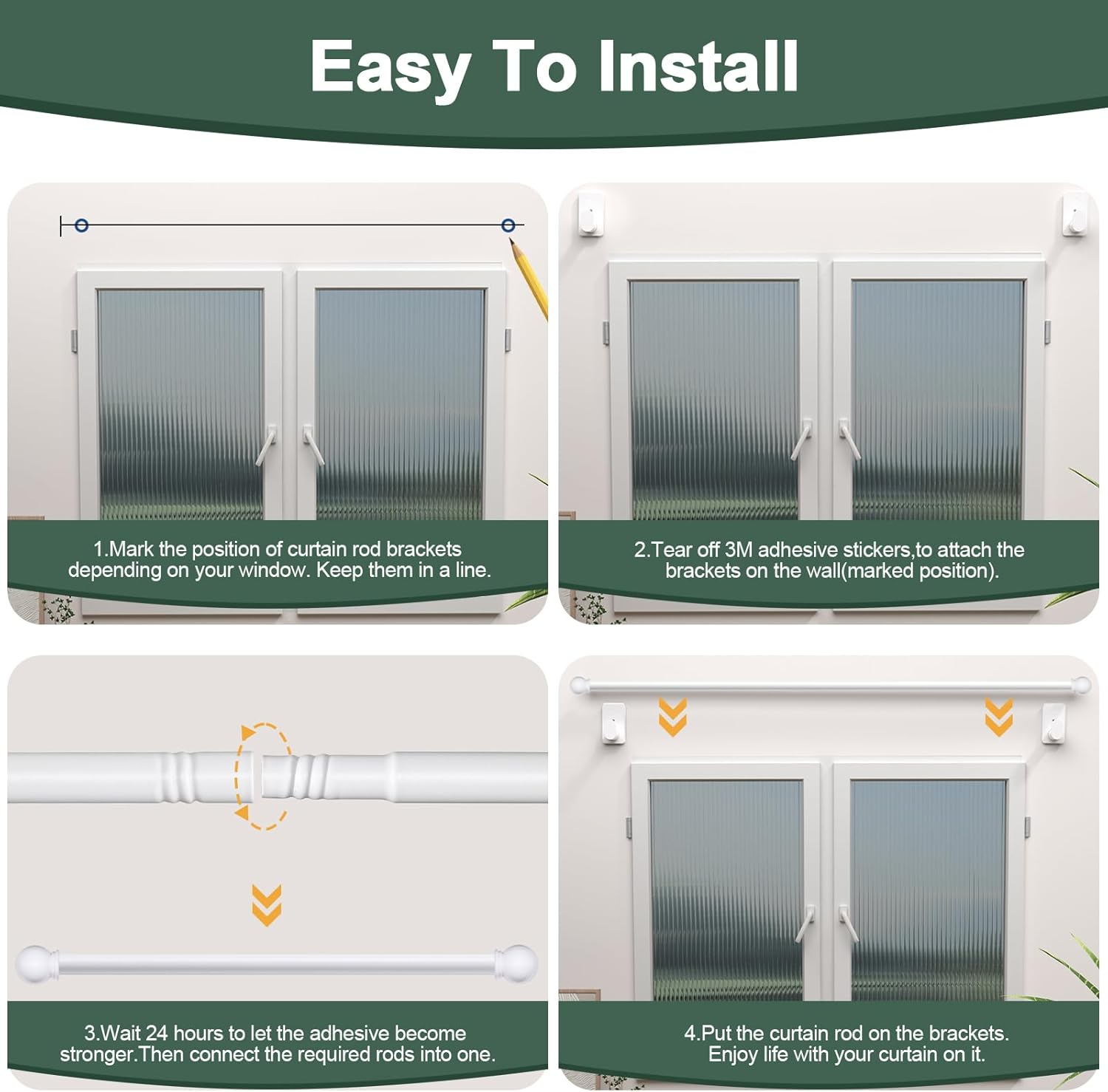 Curtain Rods No Drilling for Windows 30 to 90 Inches,5/8 Inch Diameter No Drill Curtain Rod Set with 3M Adhesive Brackets, White image number 6