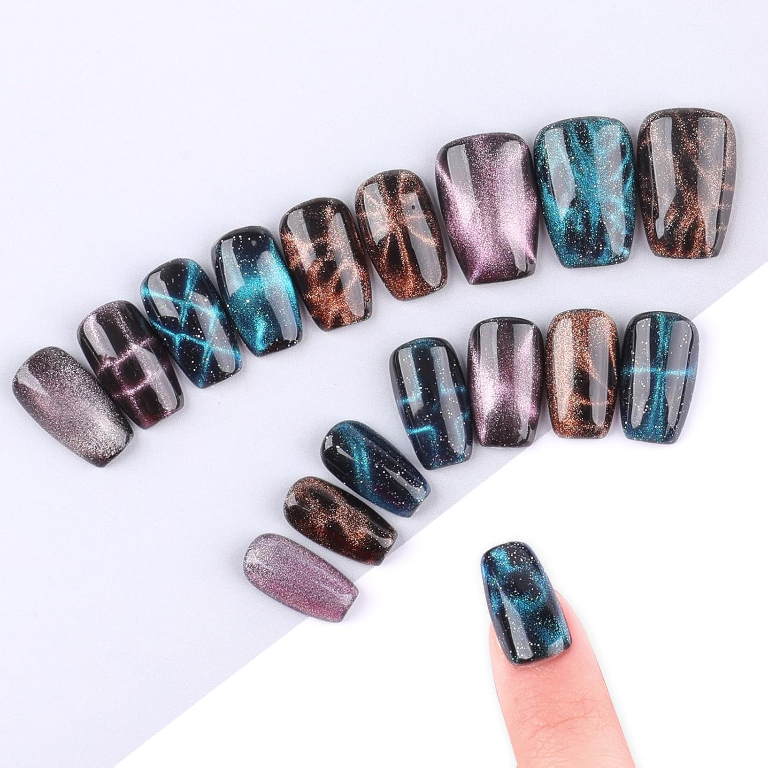 Heemeei 47 Pieces Cat Eye Magnets for Nails, Square and Beaded Nail Magnets for Nail Art, Cat Eye Magnet for Nails, Set of Strong Nail Magnets, Magnet Tool