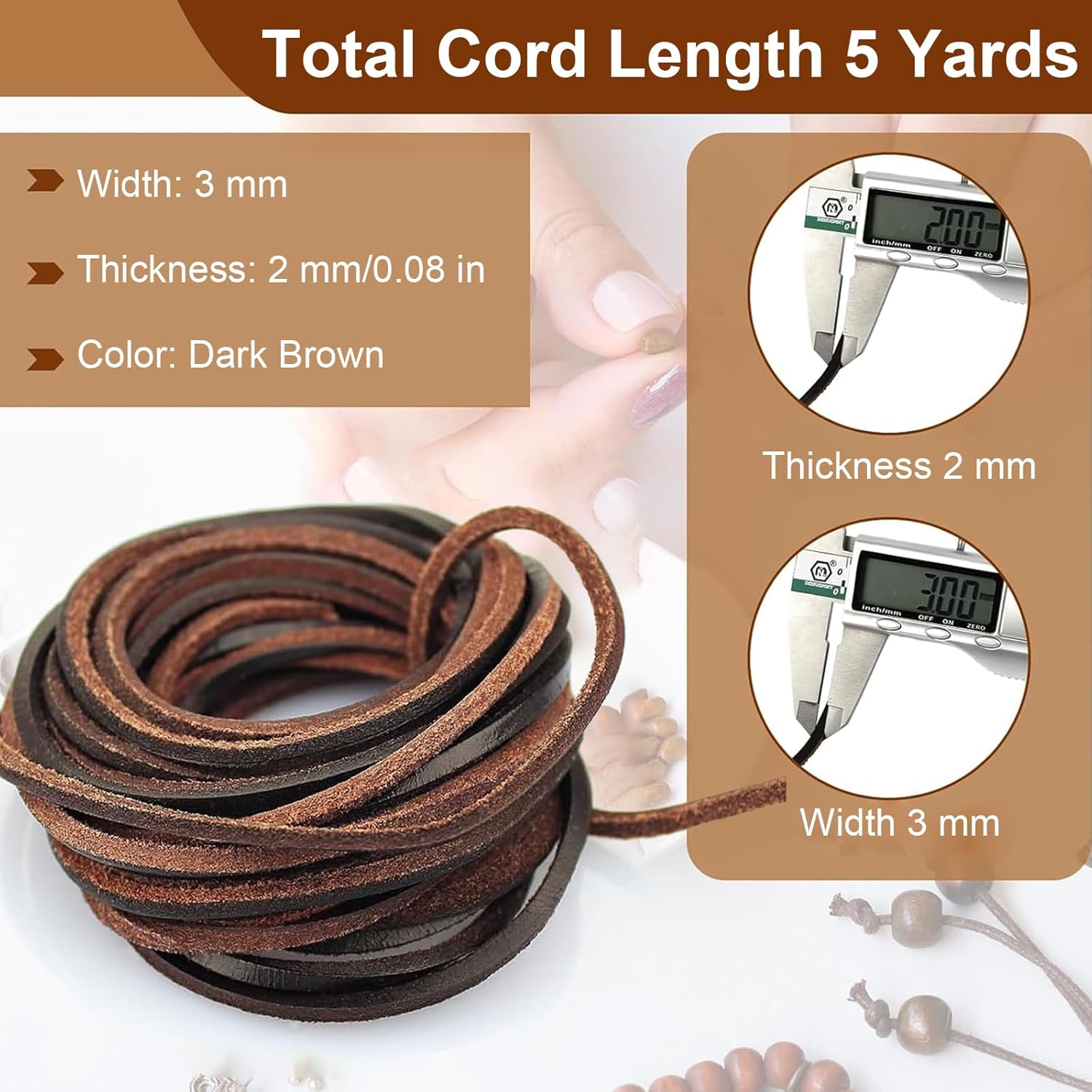 Wentworth 3Mm Flat Genuine Leather Cord, Dark Brown Leather String for Jewelry Making, Craft Bracelets, Necklaces, Braiding, DIY Projects (5 Yards)
