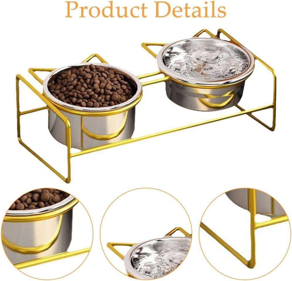 Cat Bowl, Double-Layer Stainless Steel Pet Bowl with 10&deg; Tilt Stand for Food and Water, Anti-Vomiting Cat Bowls Feeder, Ideal for Kittens and Small Dogs (Gold) image number 4