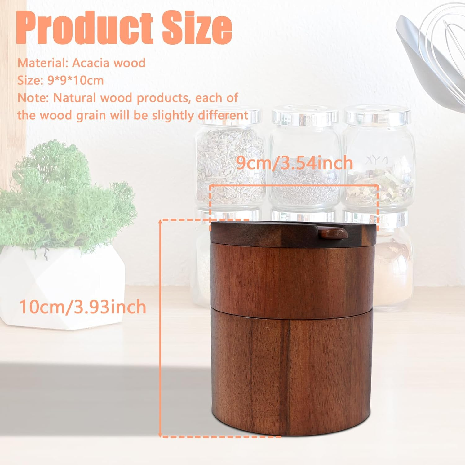 PHWRECZ 2 Layers Acacia Wood Salt and Pepper Bowl Salt and Pepper Storage Box Salt Container Salt Keeper with Built in Spoon and Magnetic Swivel Lid Dustproof Salt Holder for Kitchen Serving (Wood A) image number 6