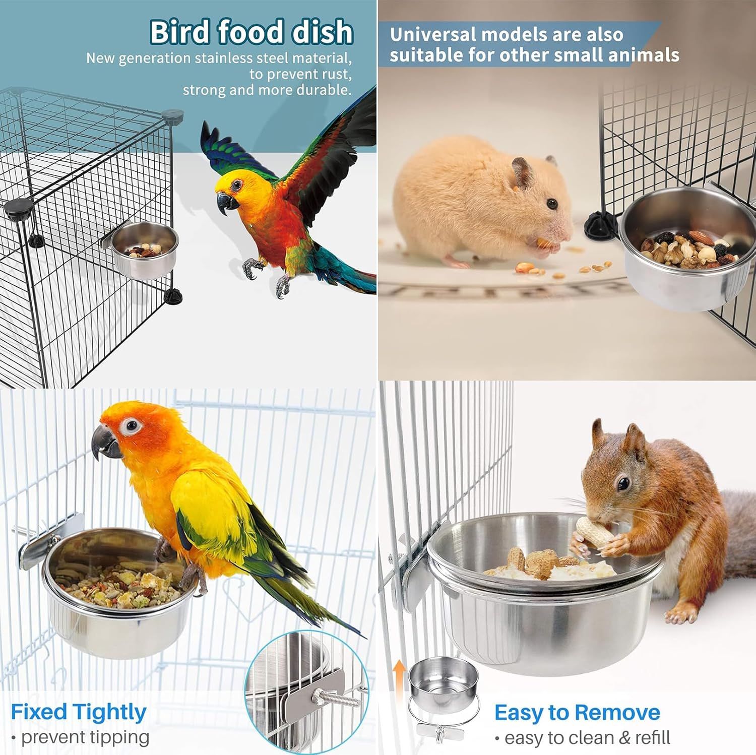 2PCS Stainless Steel Bird Feeding Dish Cups,Detachable Parrot Feeder,Parrot Cage Food Water Feeder Bowls Cage Coop with Clamp Holder,Pet Bowl for Small Animal,Cockatiel,Parakeet,Macaw,Chinchilla image number 5